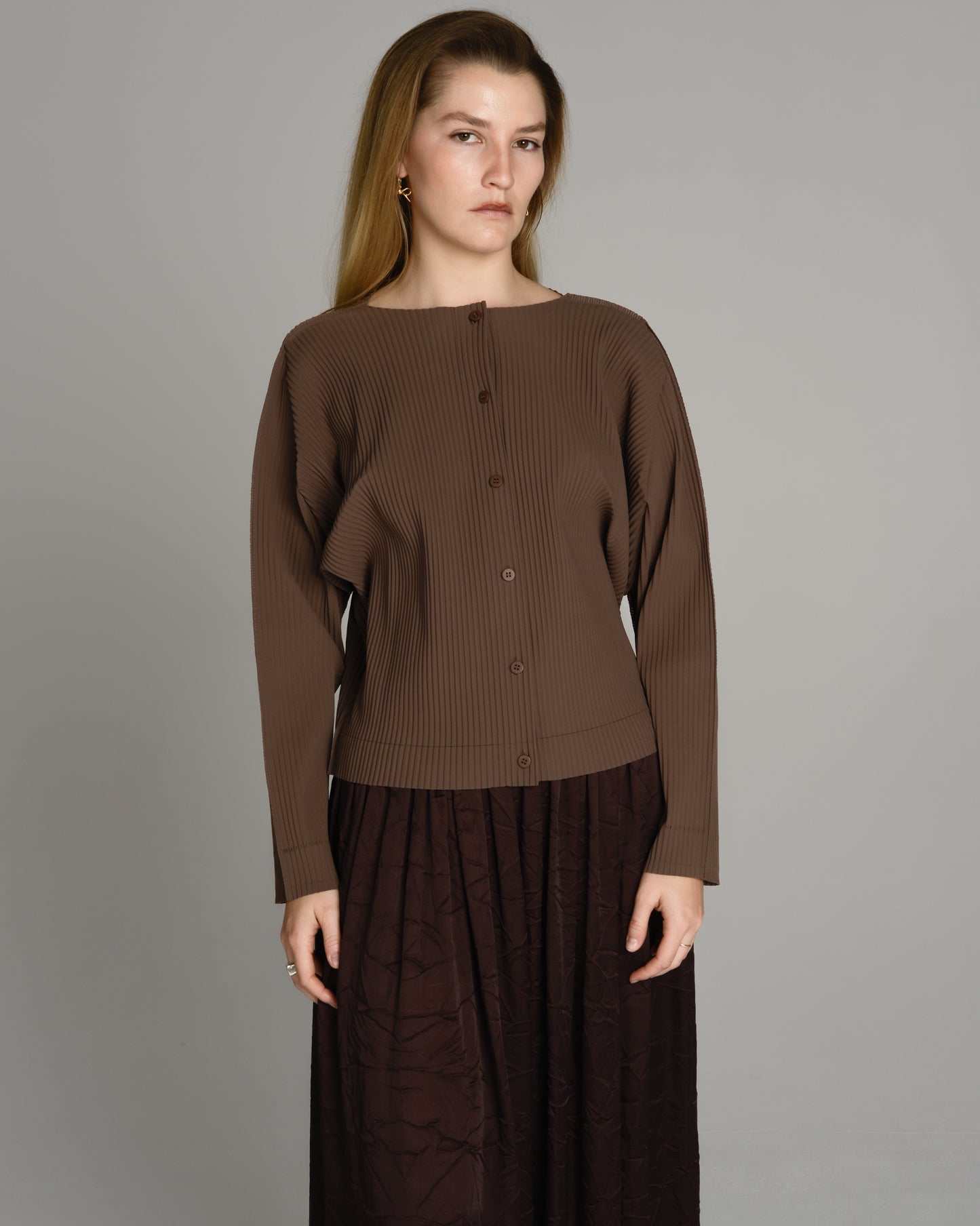 Basic Brown Fine Knit Pleats Cardigan