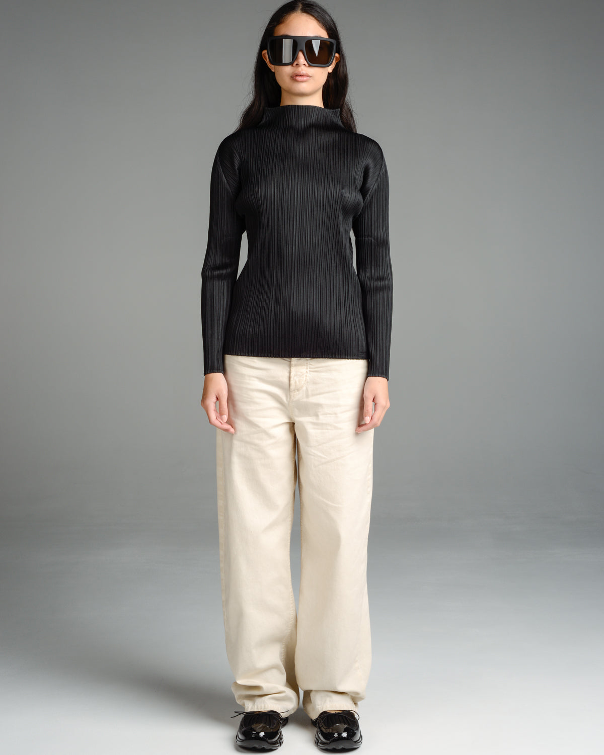 Basic Black Pleated Long Sleeve Top