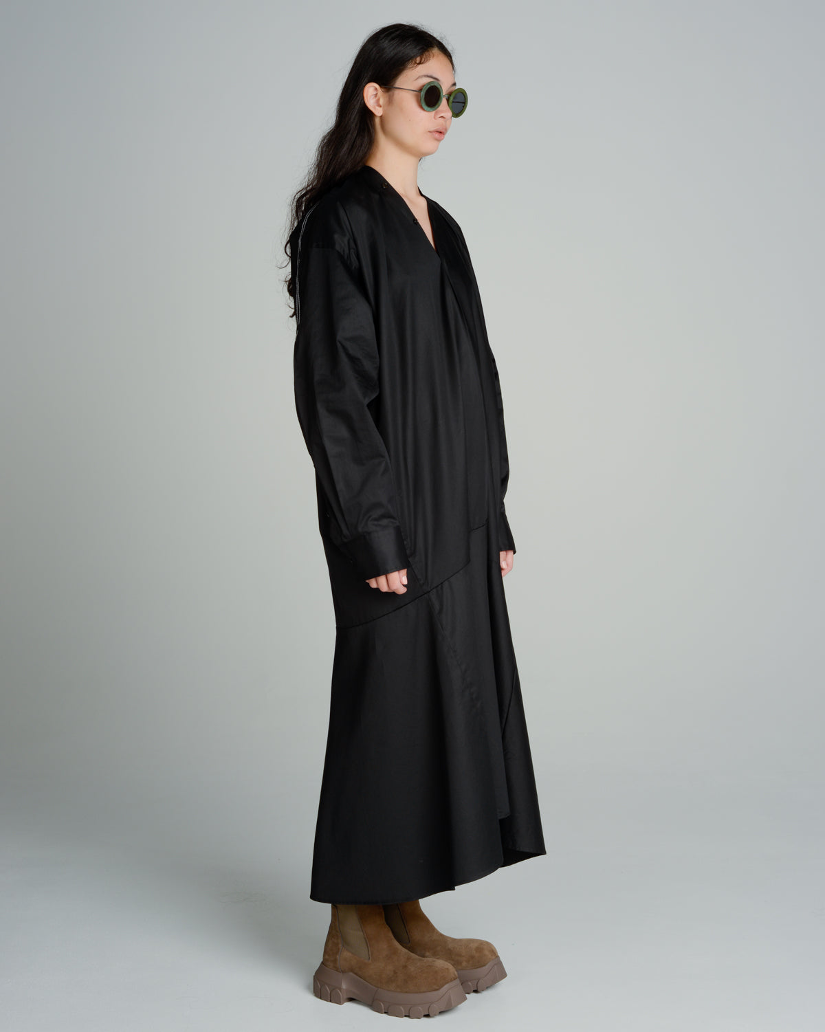 Black Collarless Shirt Dress