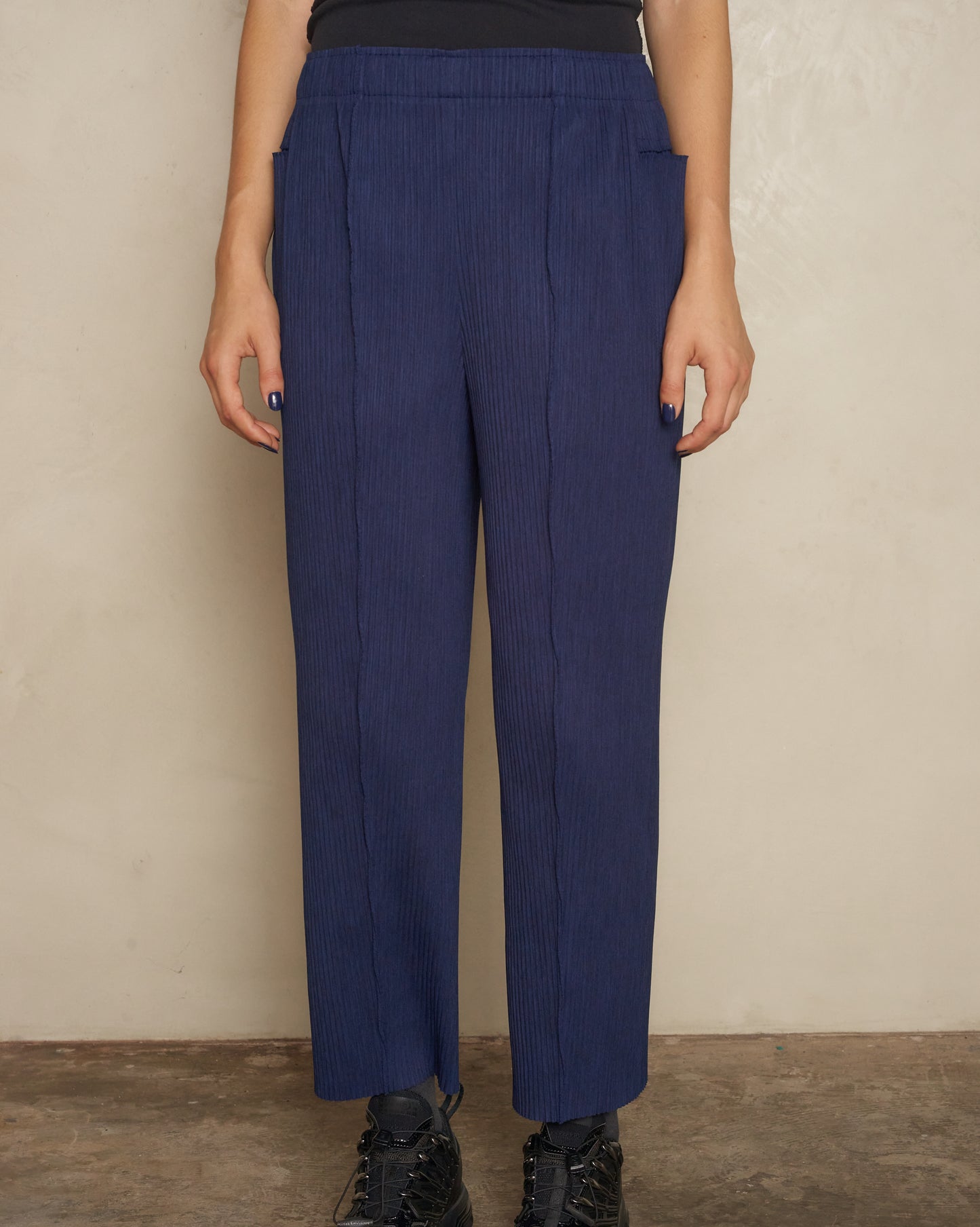 Navy Mix Fine Knit Pleats Trousers