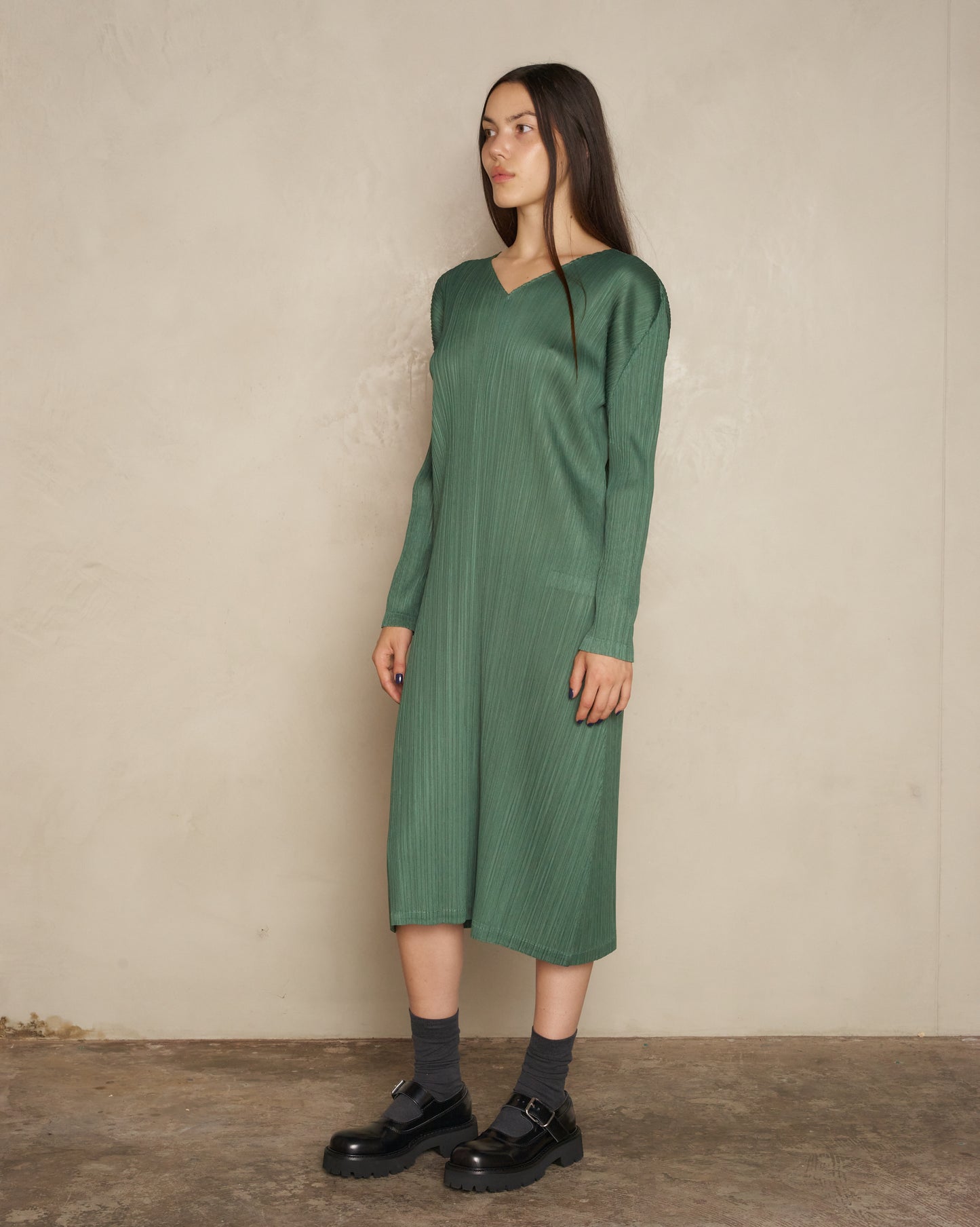 Moss Green Long Sleeve Pleats Dress