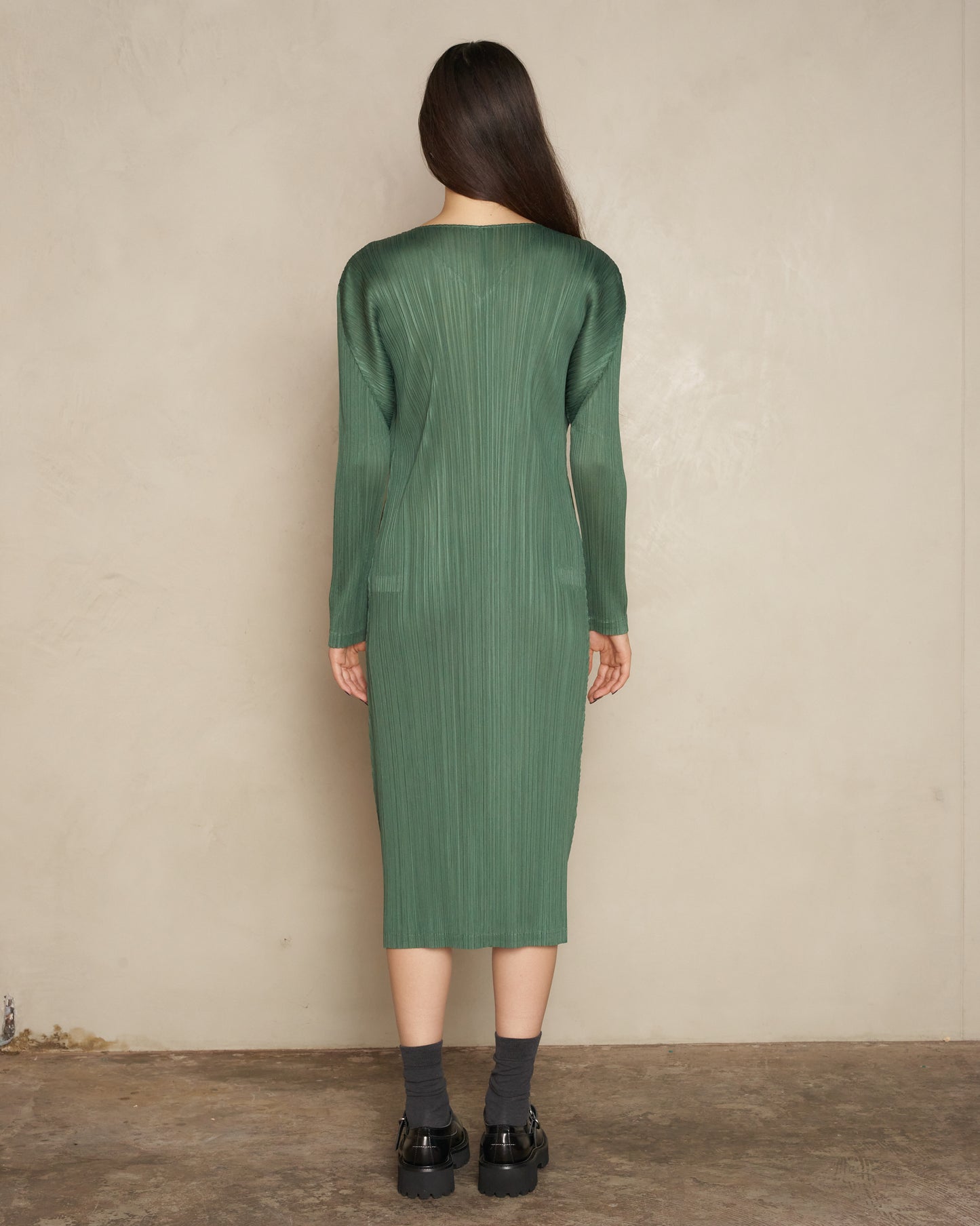 Moss Green Long Sleeve Pleats Dress