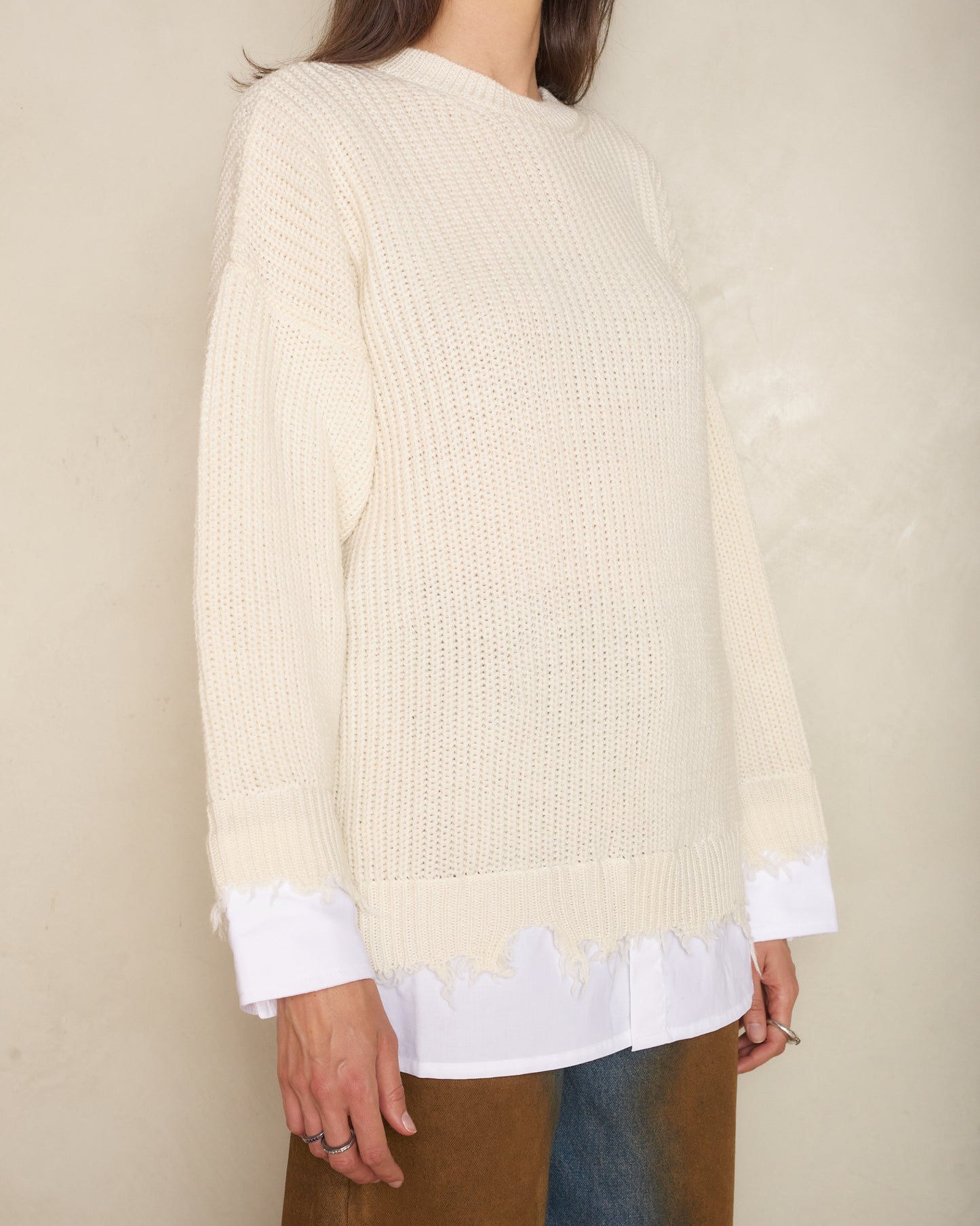 Cream Frayed Hem Knit Sweater