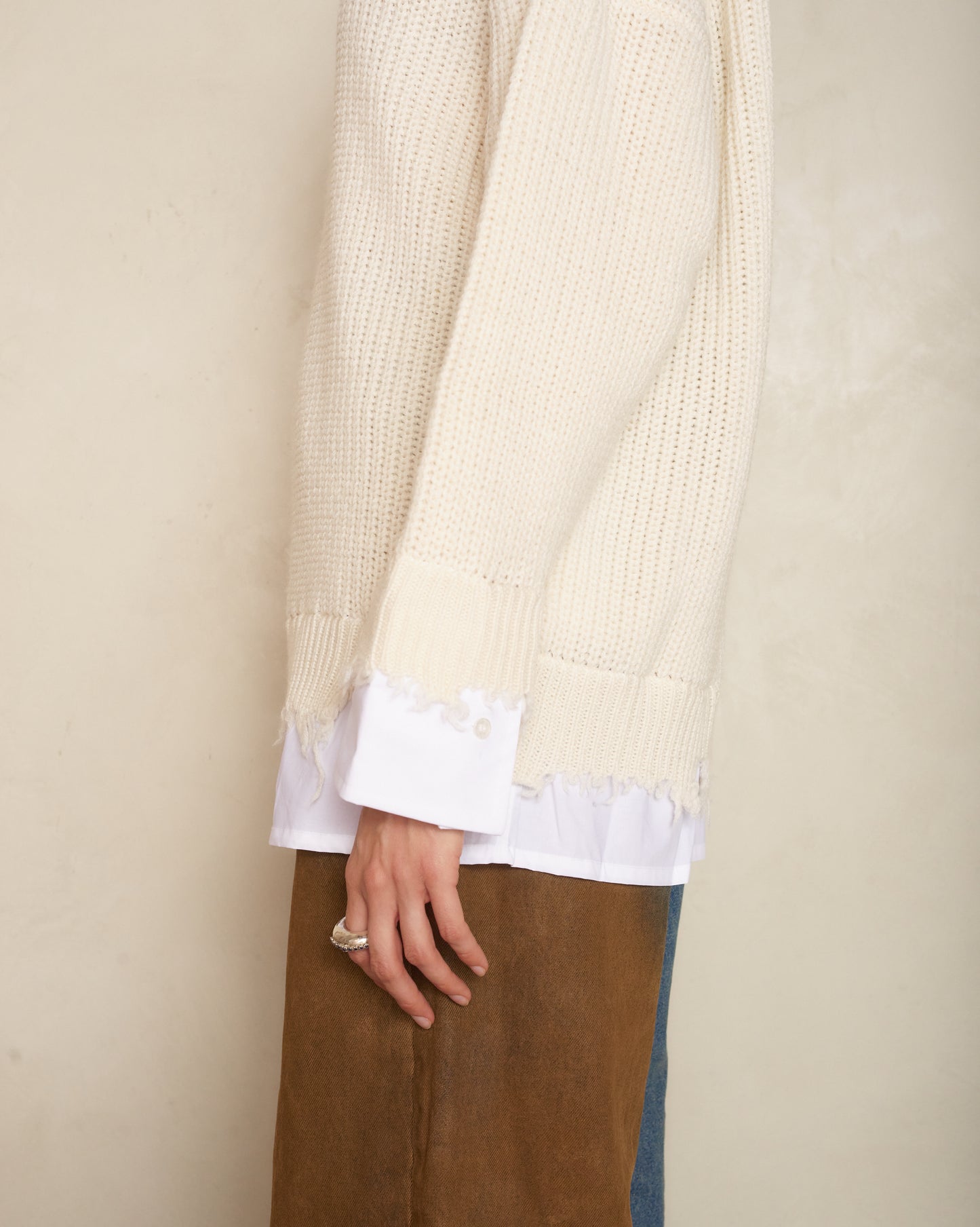 Cream Frayed Hem Knit Sweater