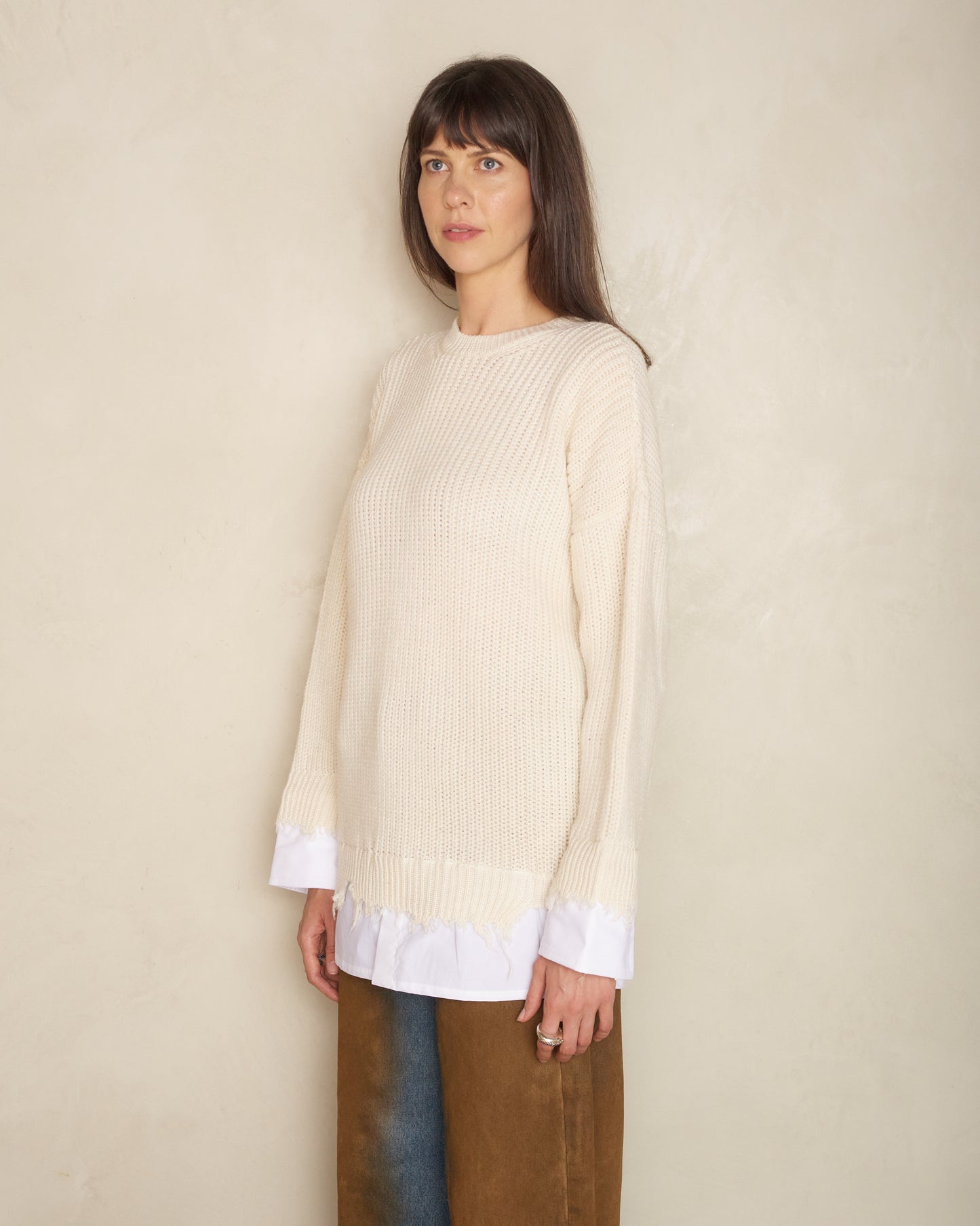 Cream Frayed Hem Knit Sweater