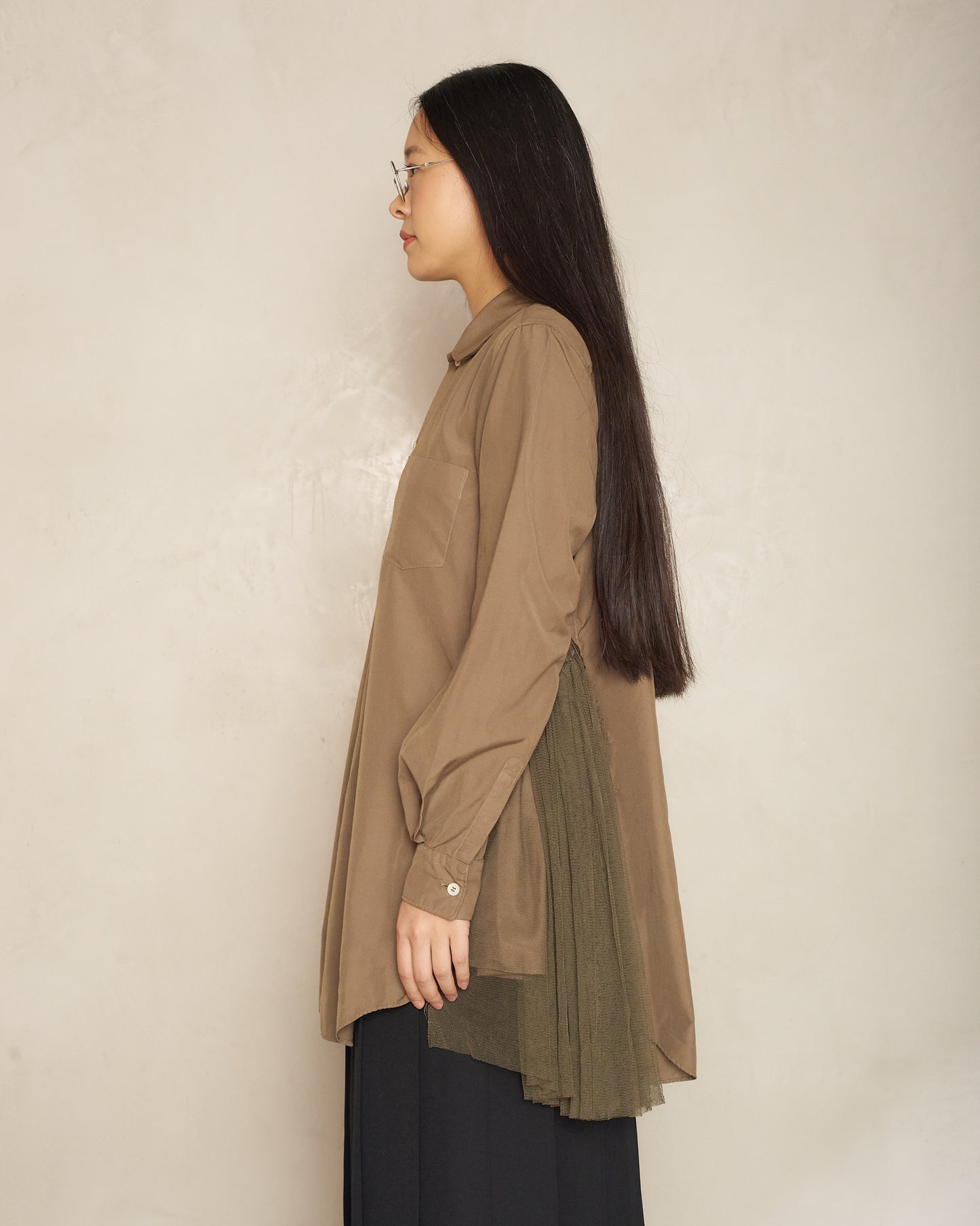 Khaki Tulle Classic Collar Blouse