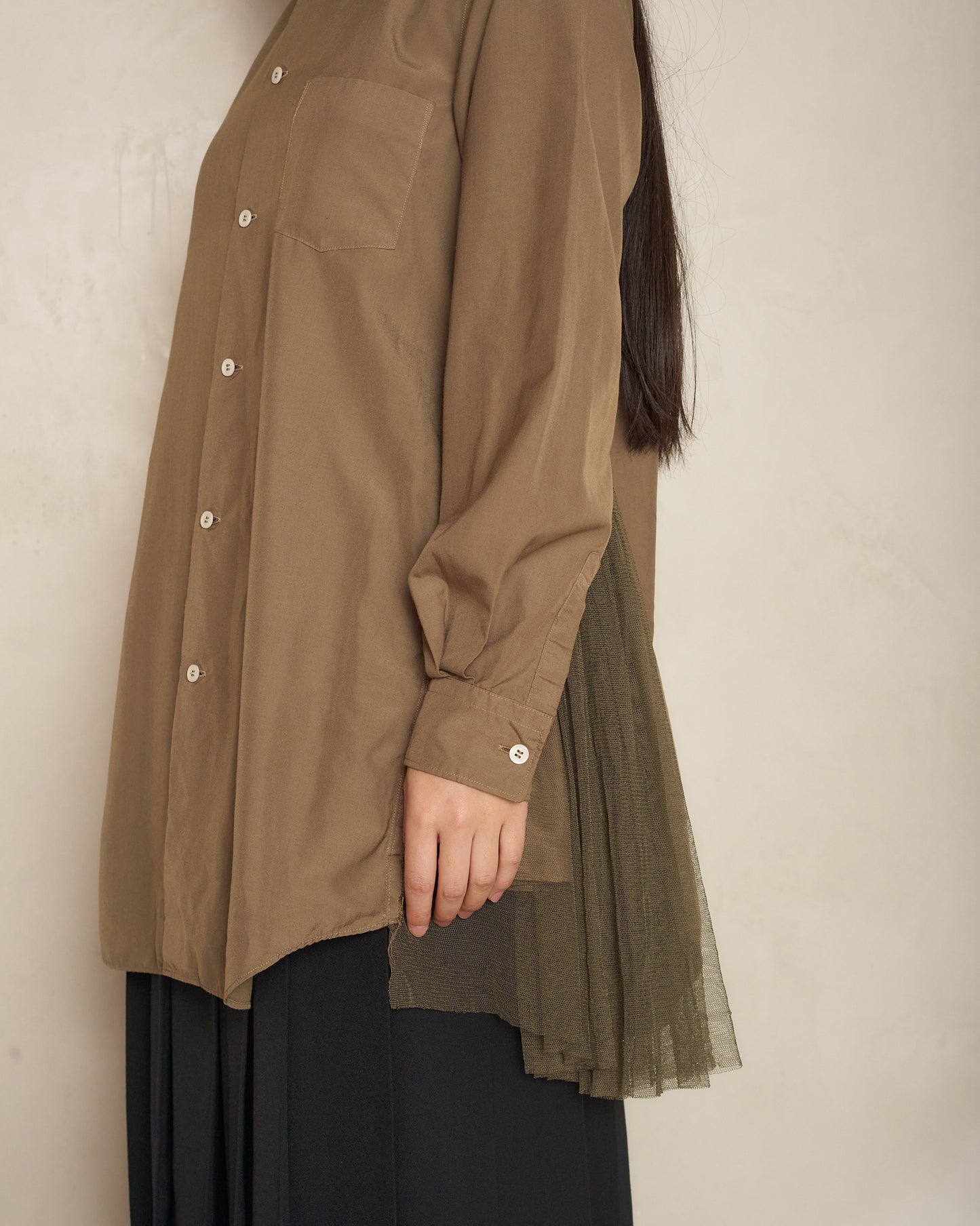 Khaki Tulle Classic Collar Blouse