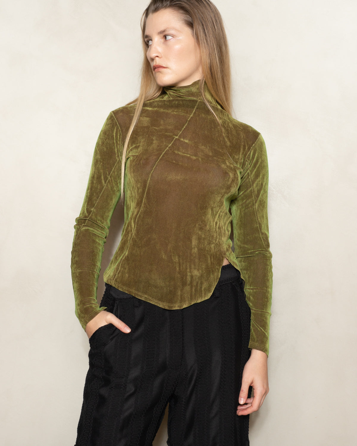 Green Velvet Mock Neck Top