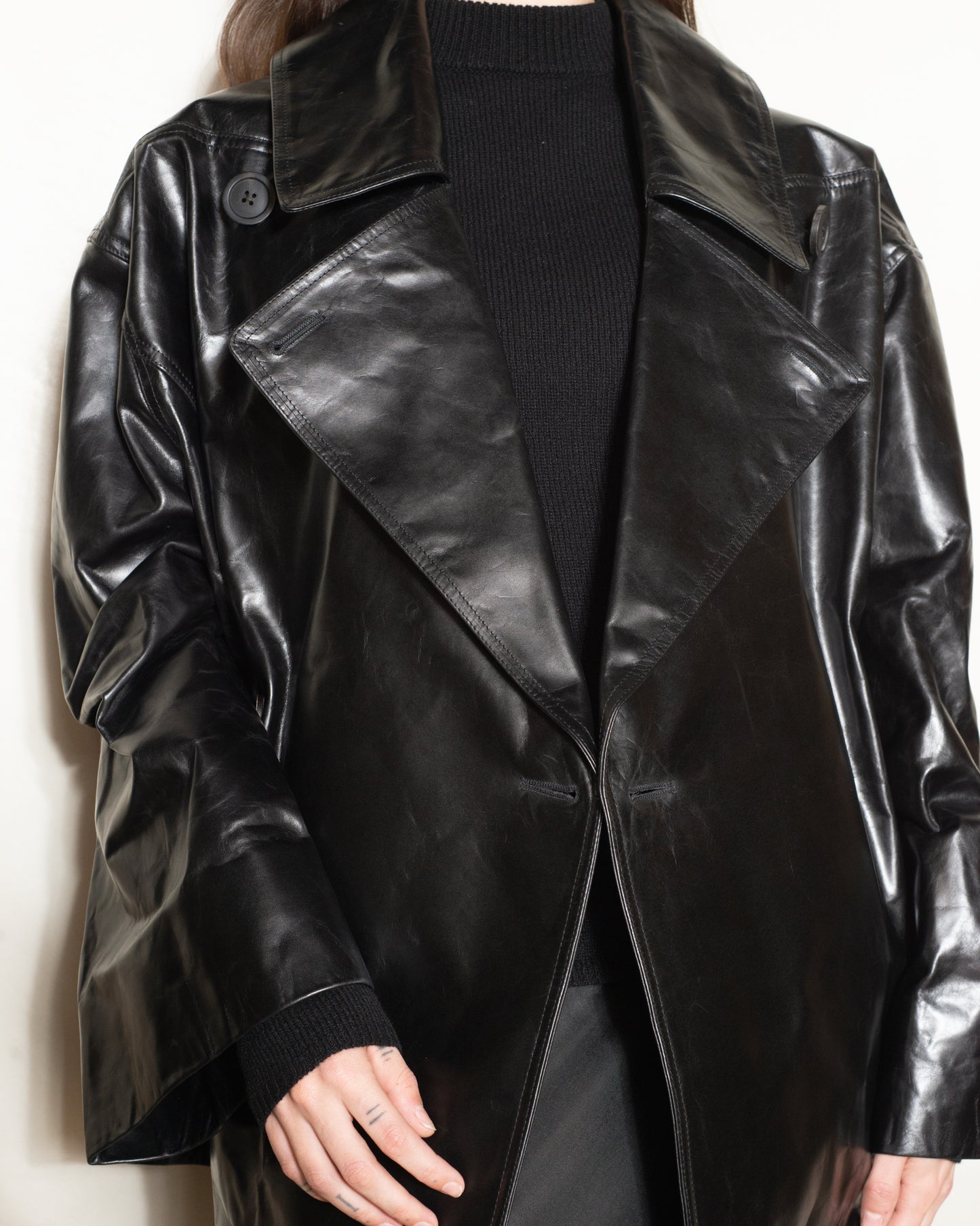 Black Cropped Leather Drella Jacket