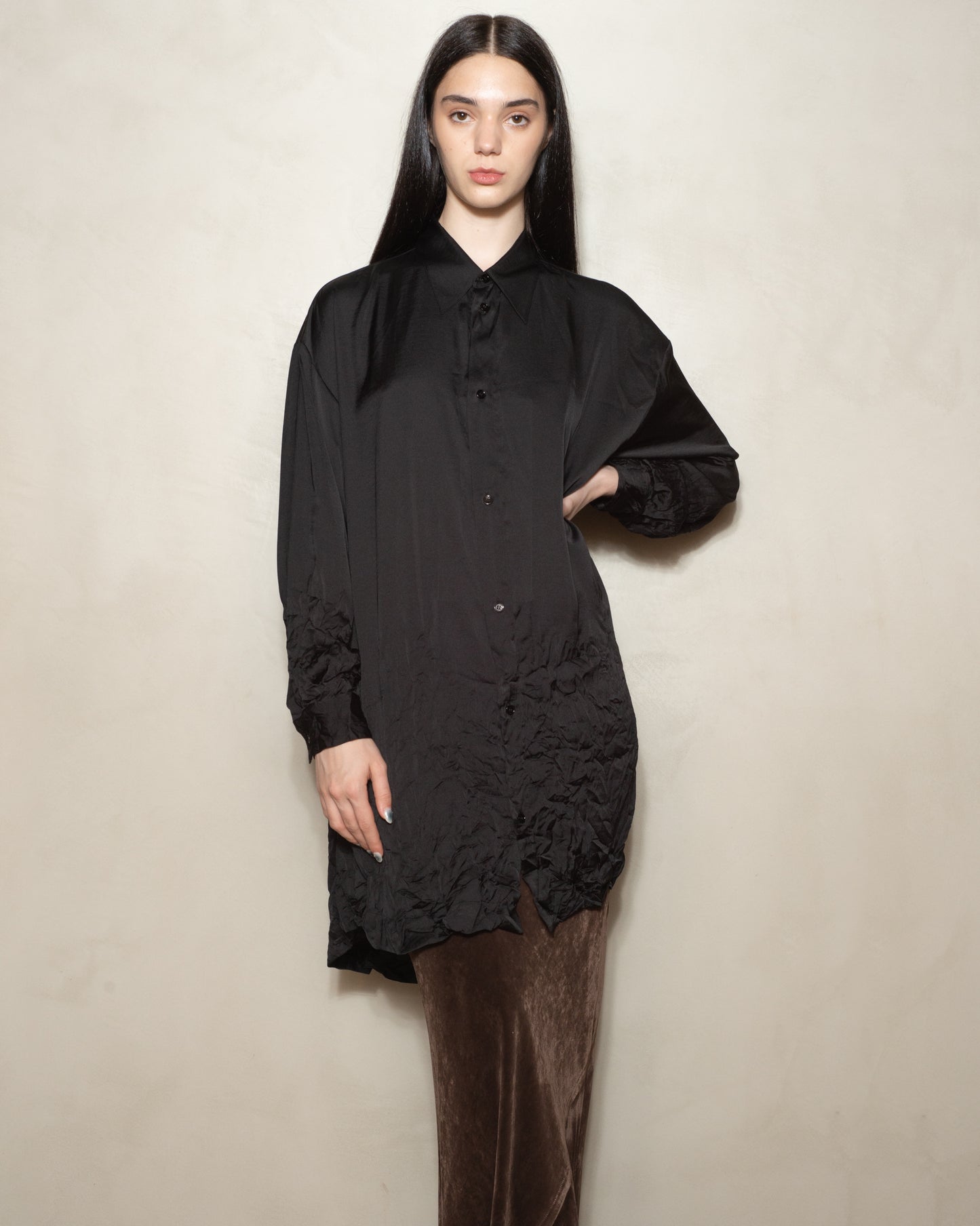 Black Long Sleeve Crinkle Hem Shirt