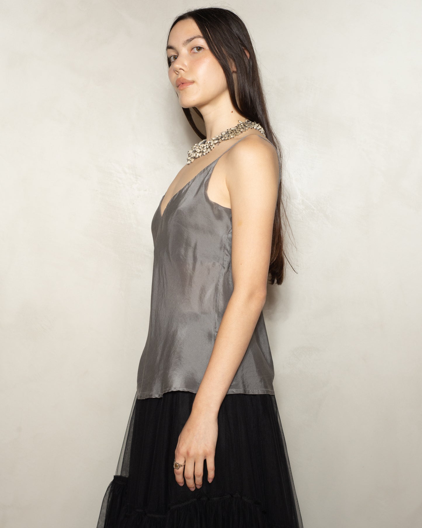 Dusty Grey Silk Sleeveless V-Neck Top