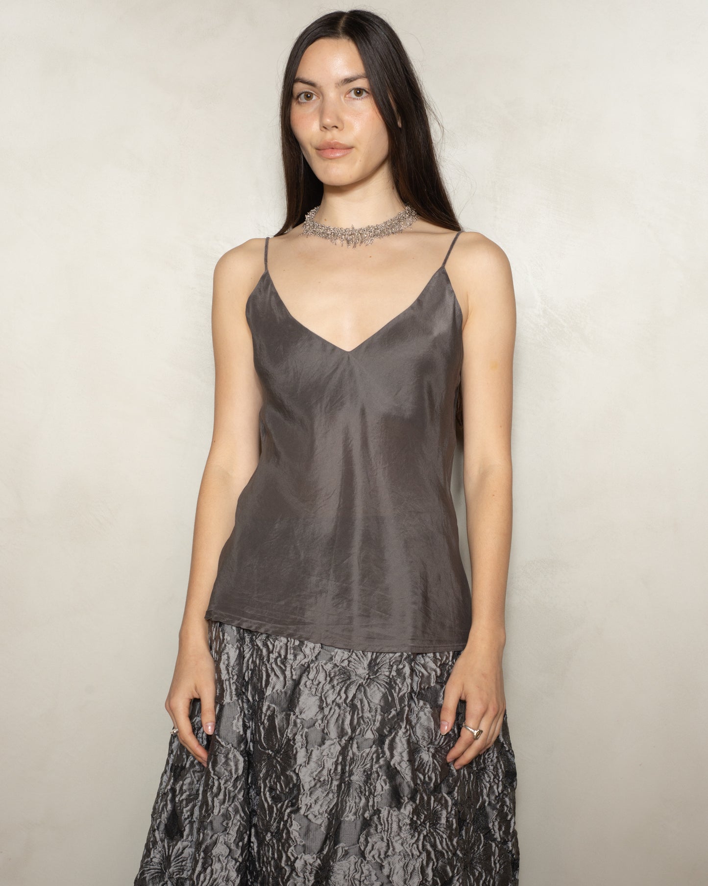 Bronze Silk Sleeveless V-Neck Top