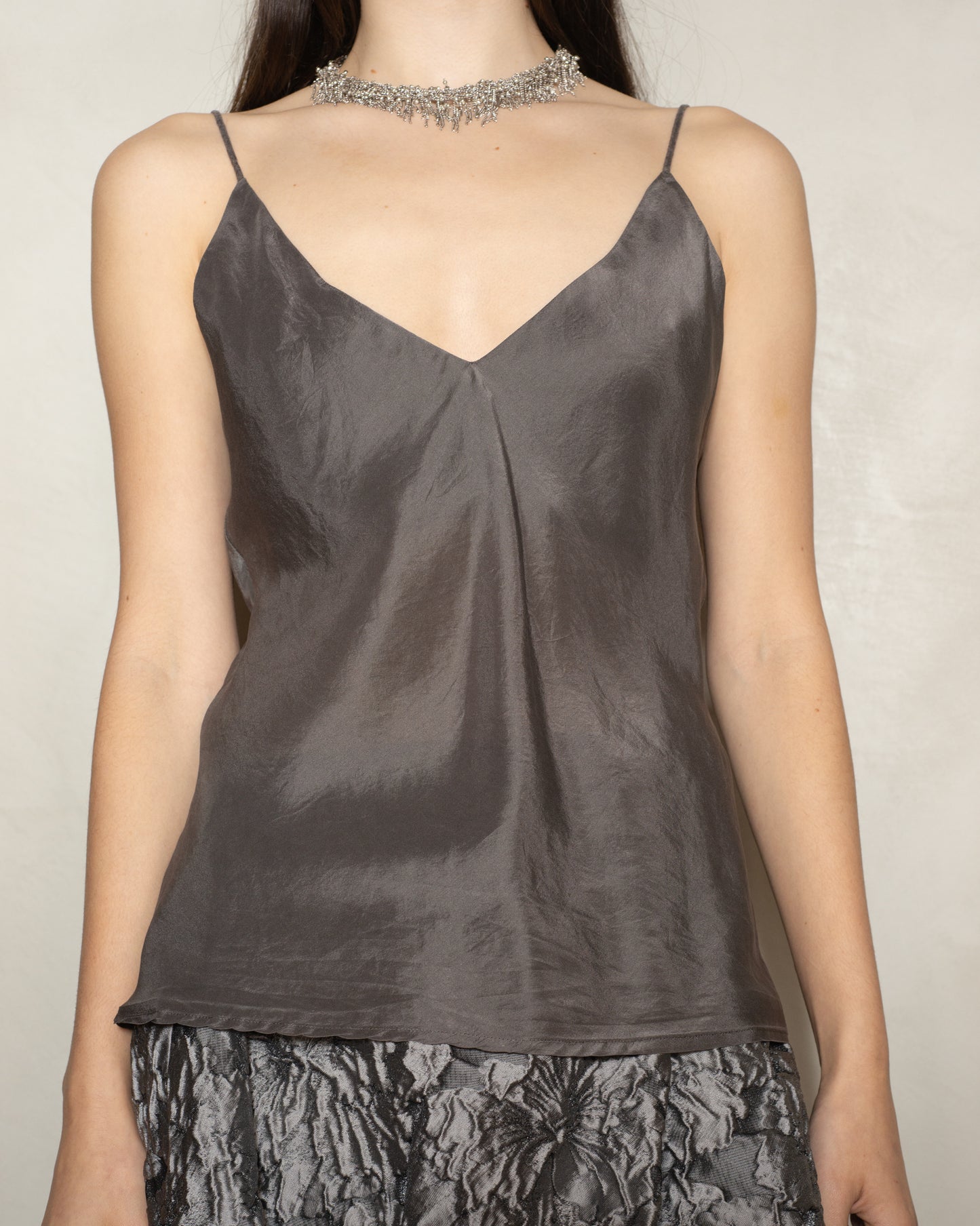 Bronze Silk Sleeveless V-Neck Top