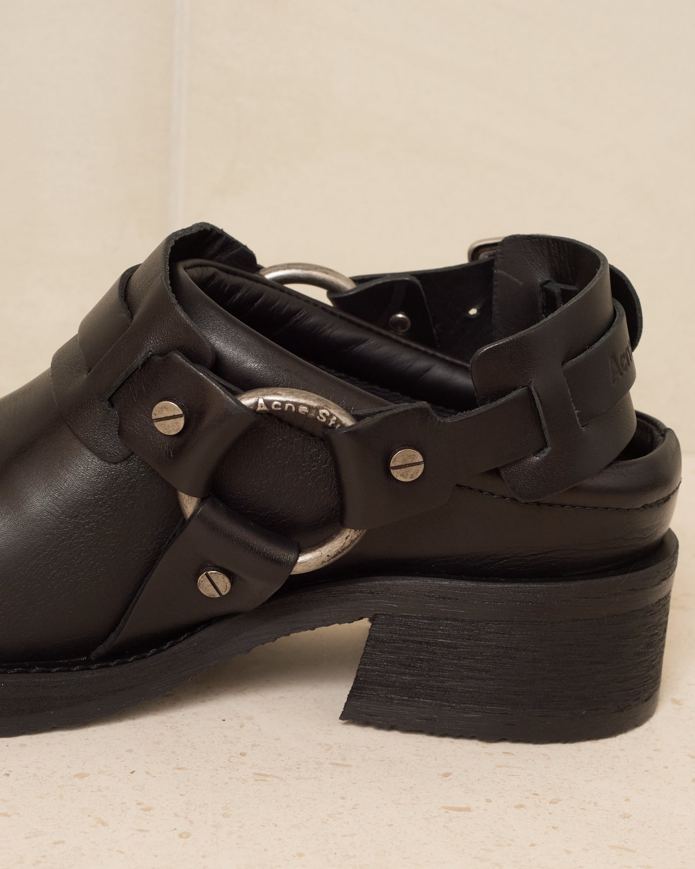 Black Leather Buckle Mule