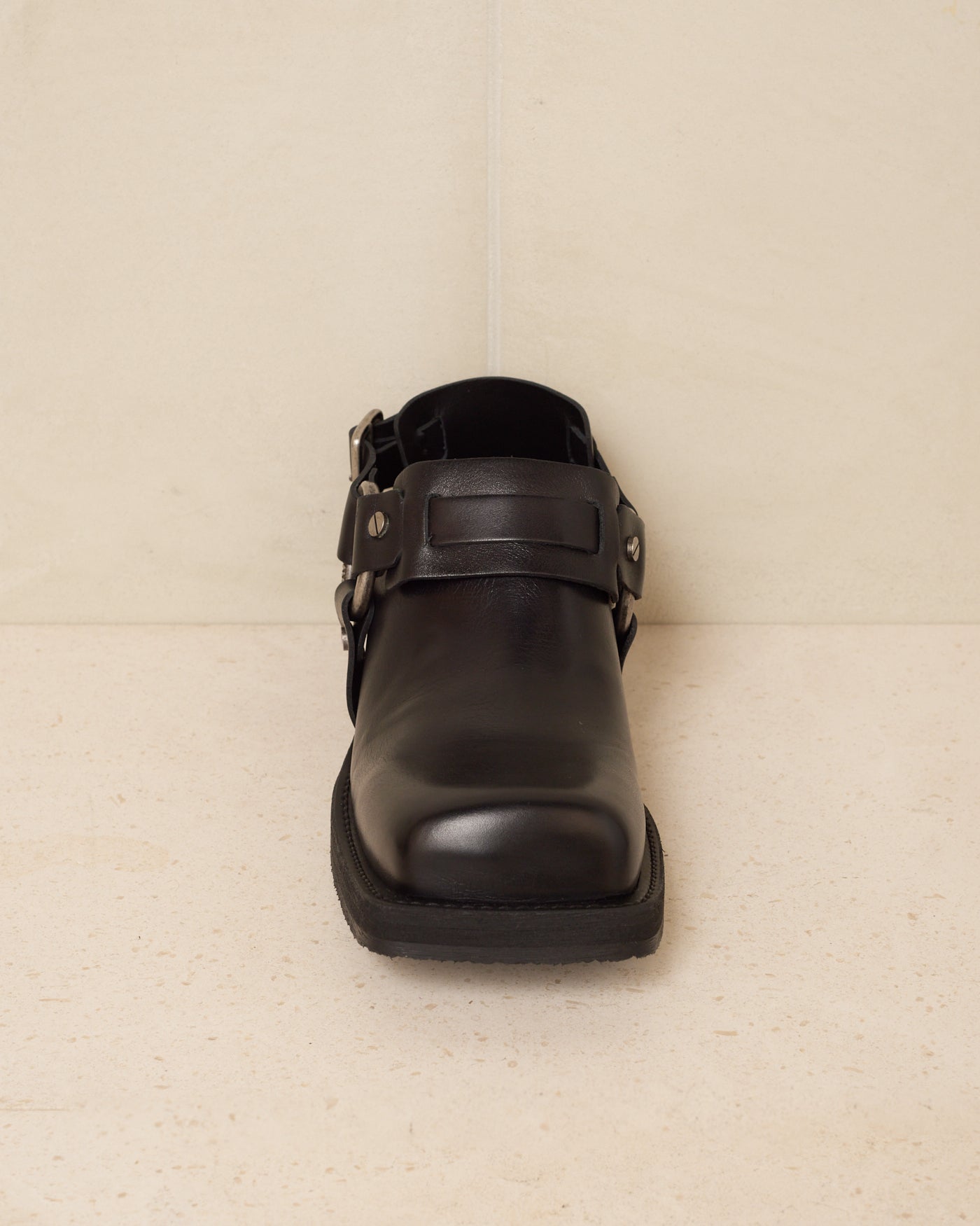 Black Leather Buckle Mule