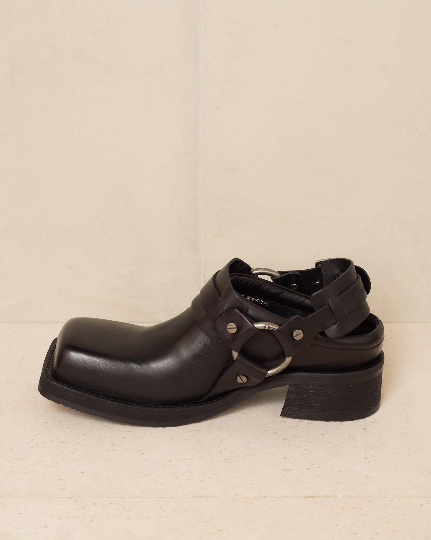 Black Leather Buckle Mule