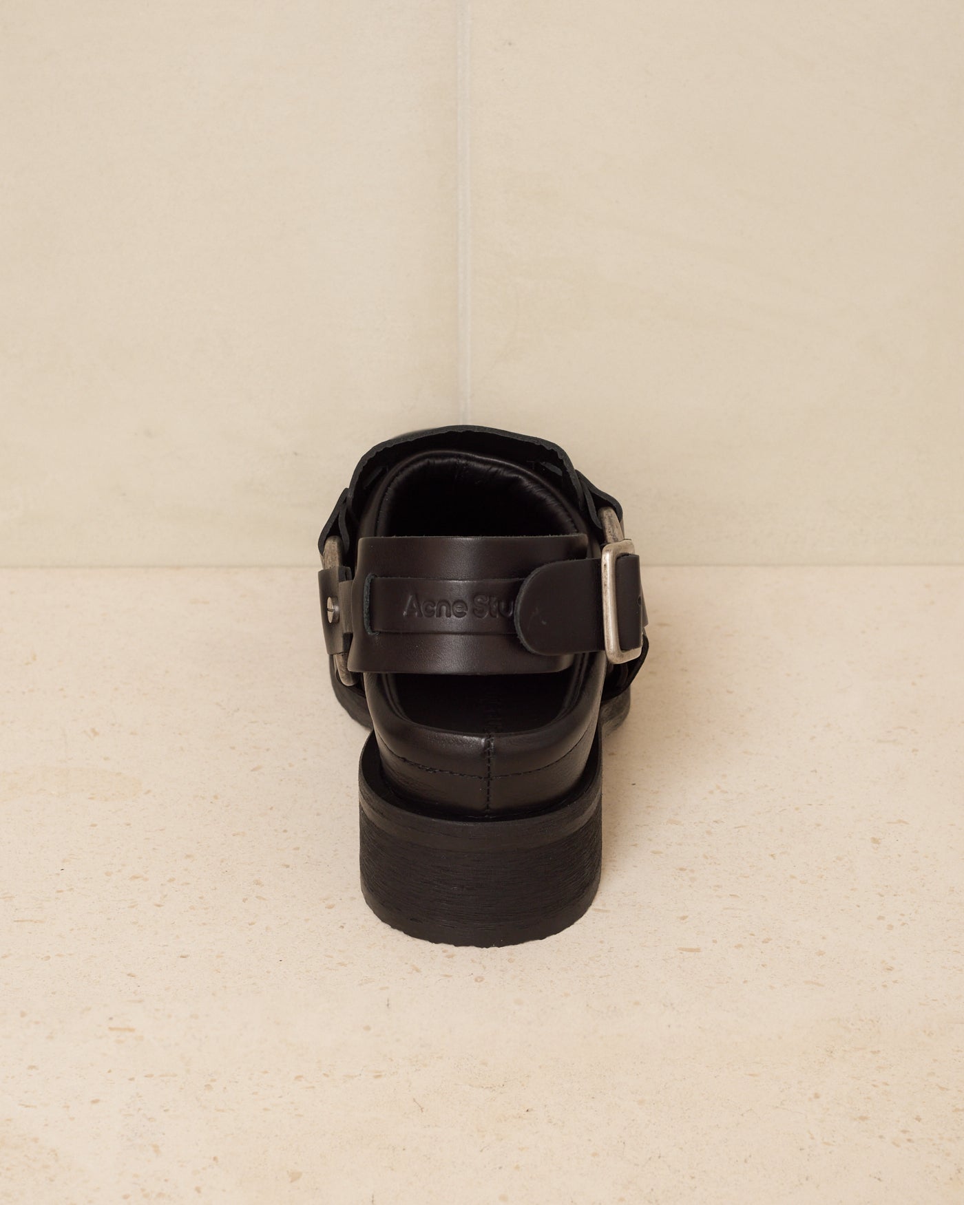 Black Leather Buckle Mule