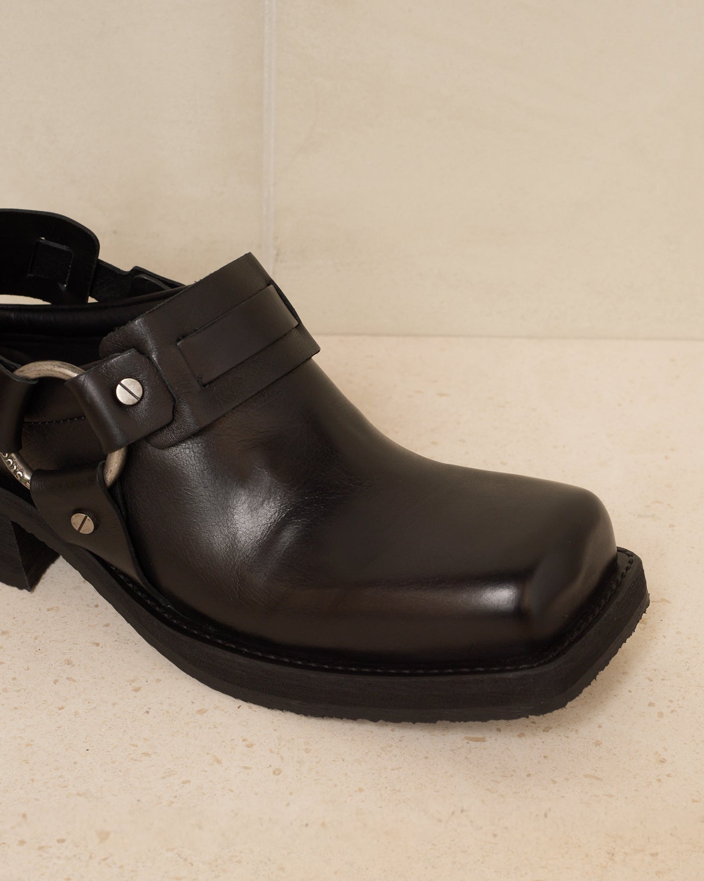 Black Leather Buckle Mule