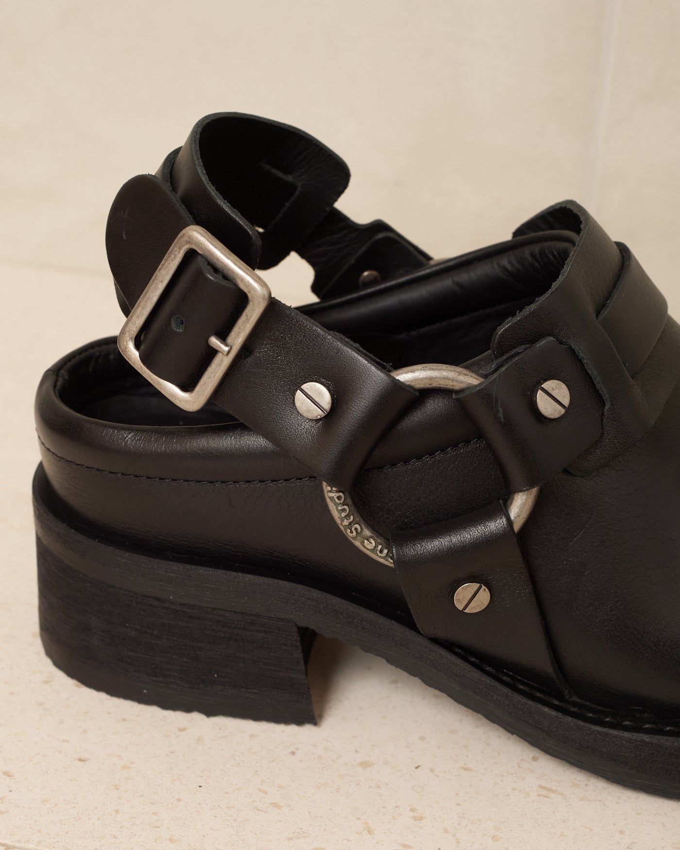 Black Leather Buckle Mule