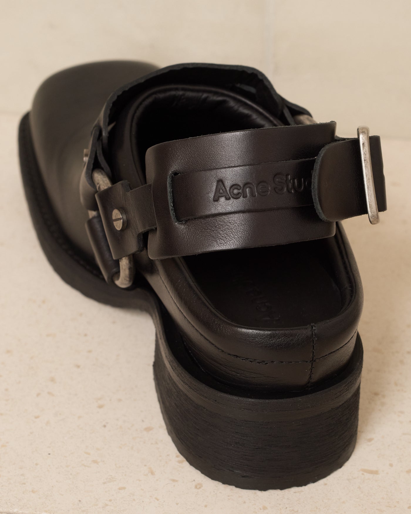 Black Leather Buckle Mule