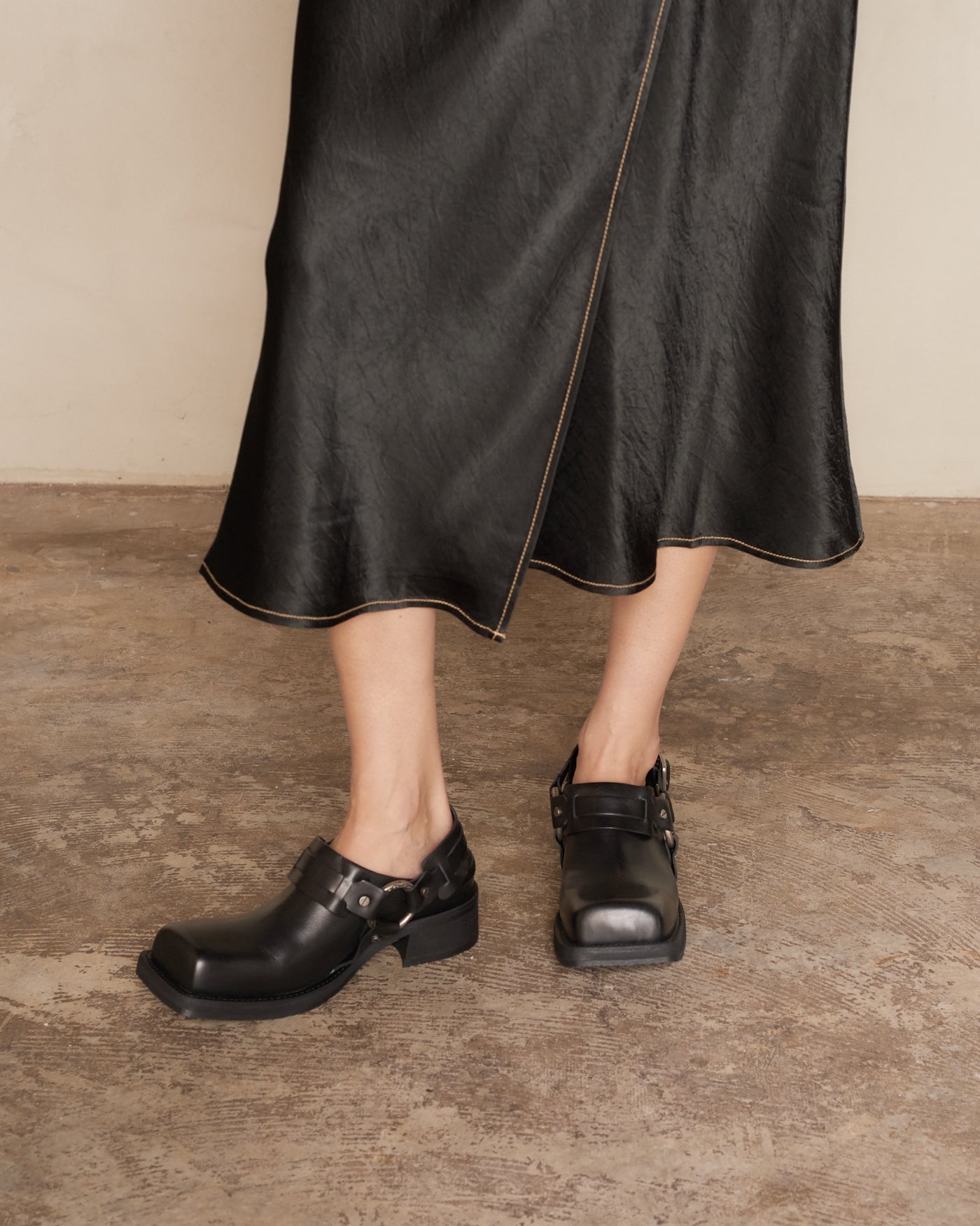 Black Leather Buckle Mule