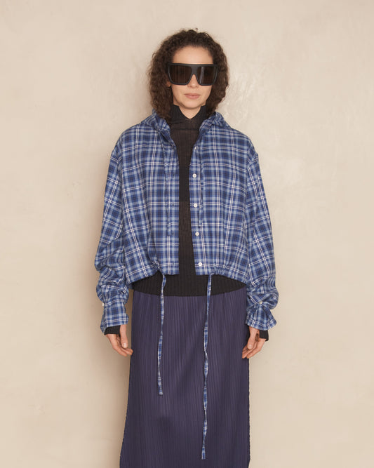 Dusty Blue Flannel Check Hooded Jacket