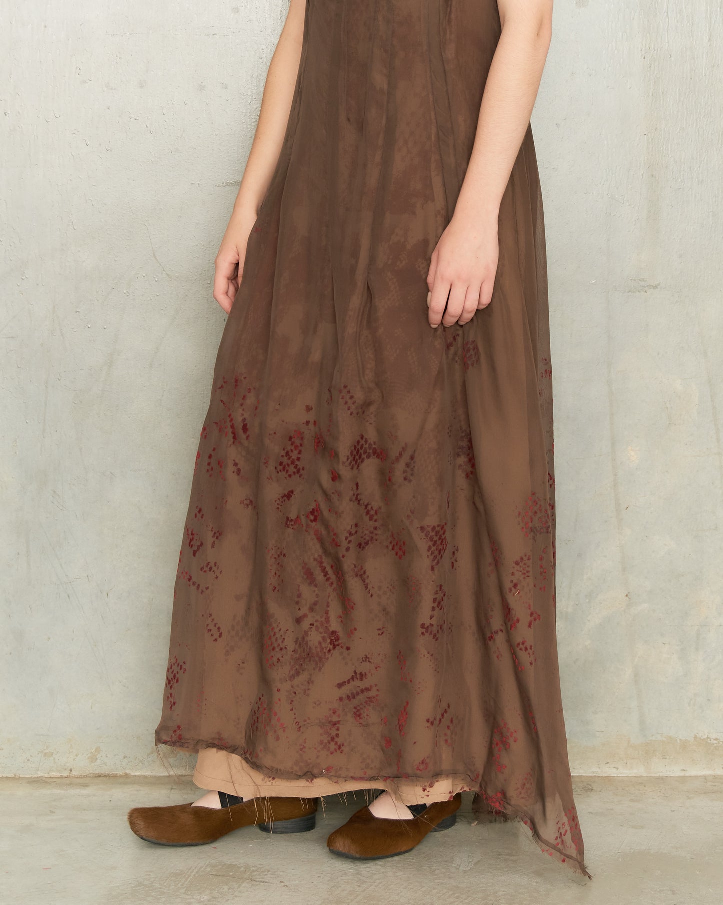 Brown Silk Lace Print Darted Dress