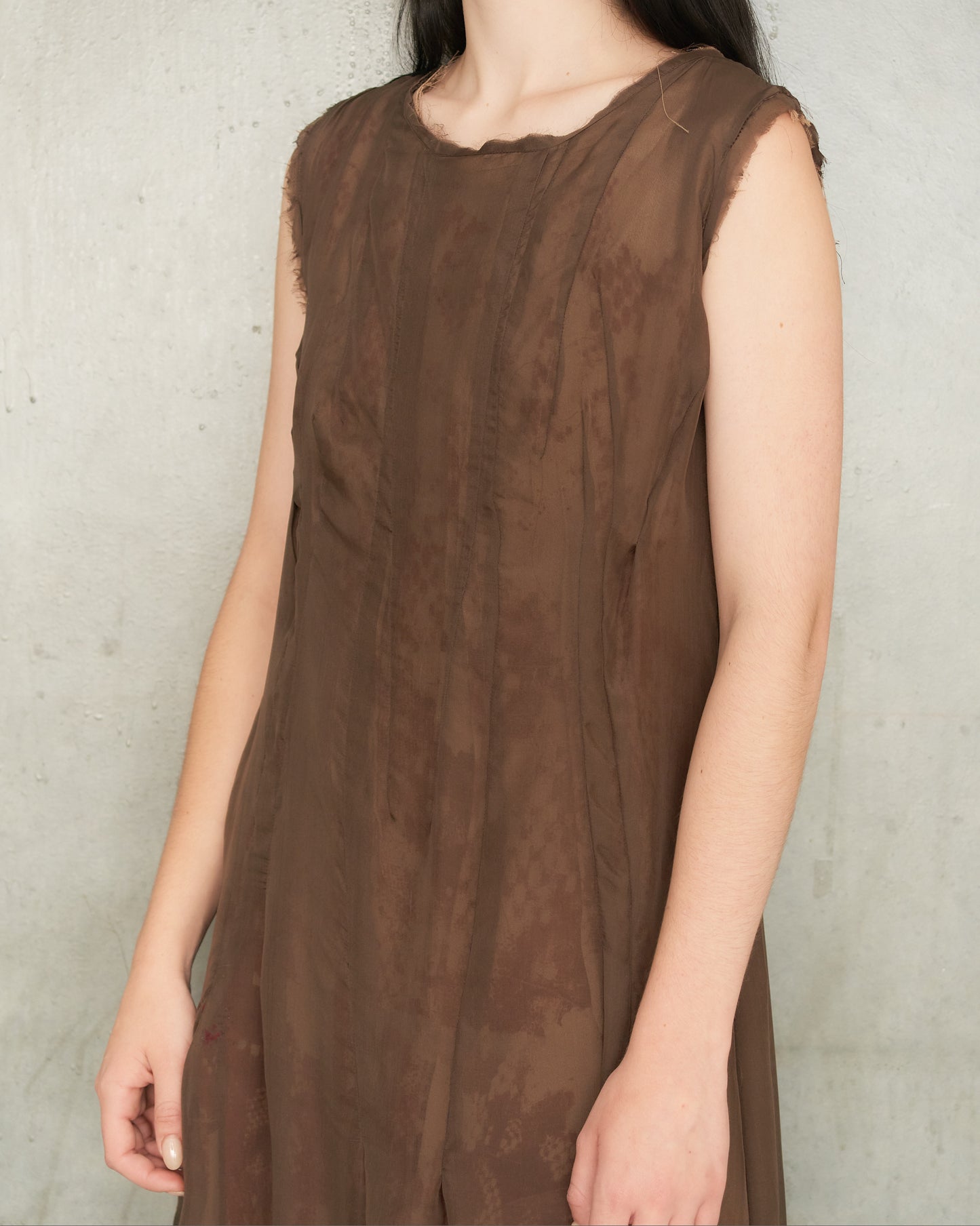 Brown Silk Lace Print Darted Dress