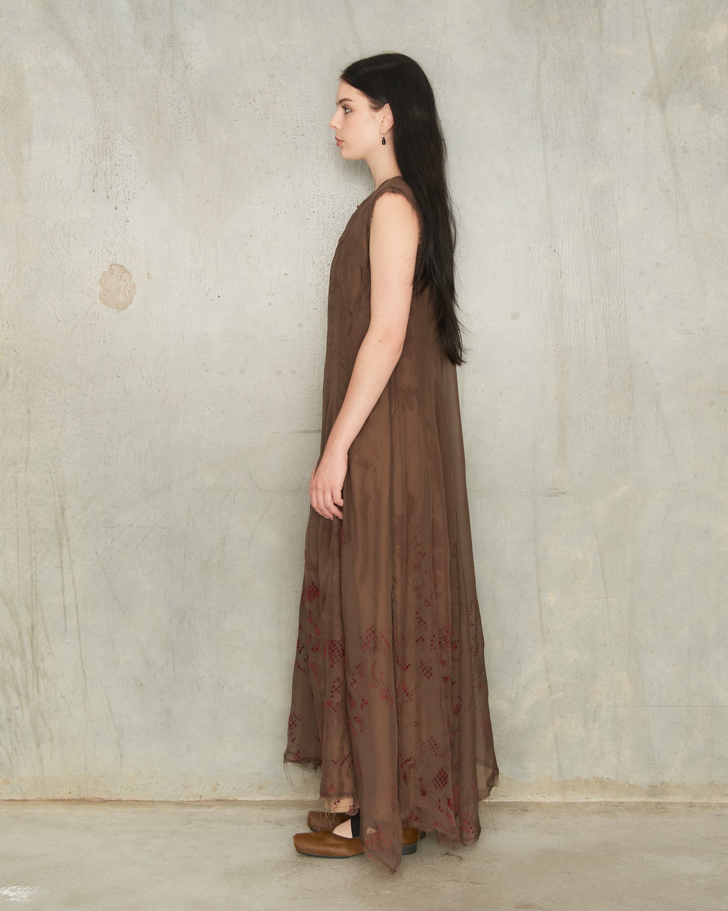 Brown Silk Lace Print Darted Dress