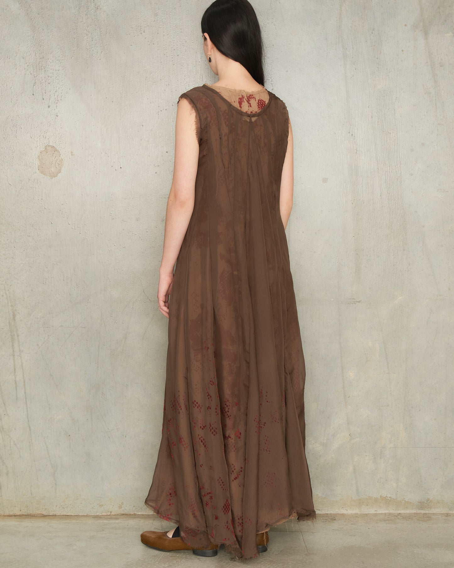 Brown Silk Lace Print Darted Dress