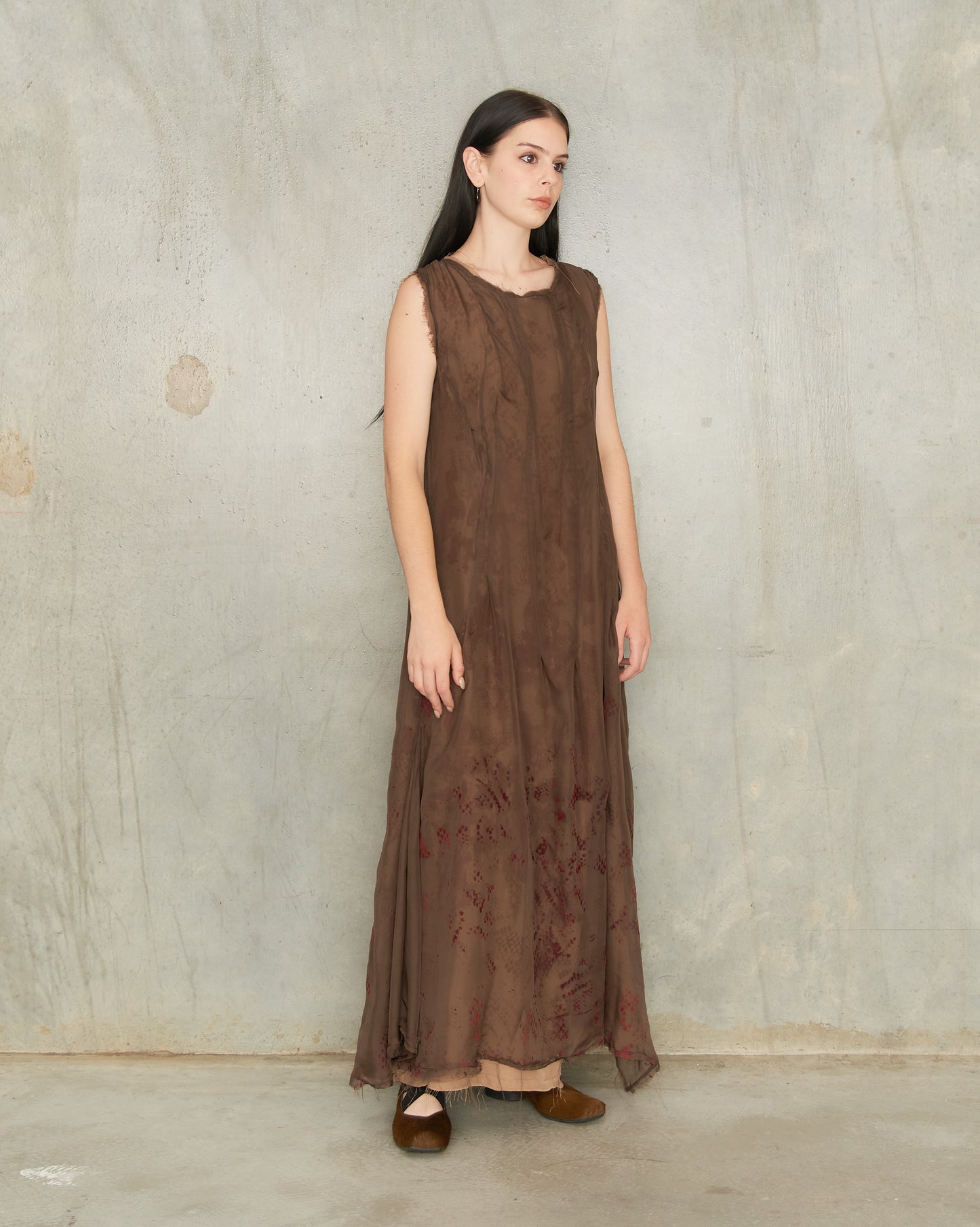 Brown Silk Lace Print Darted Dress