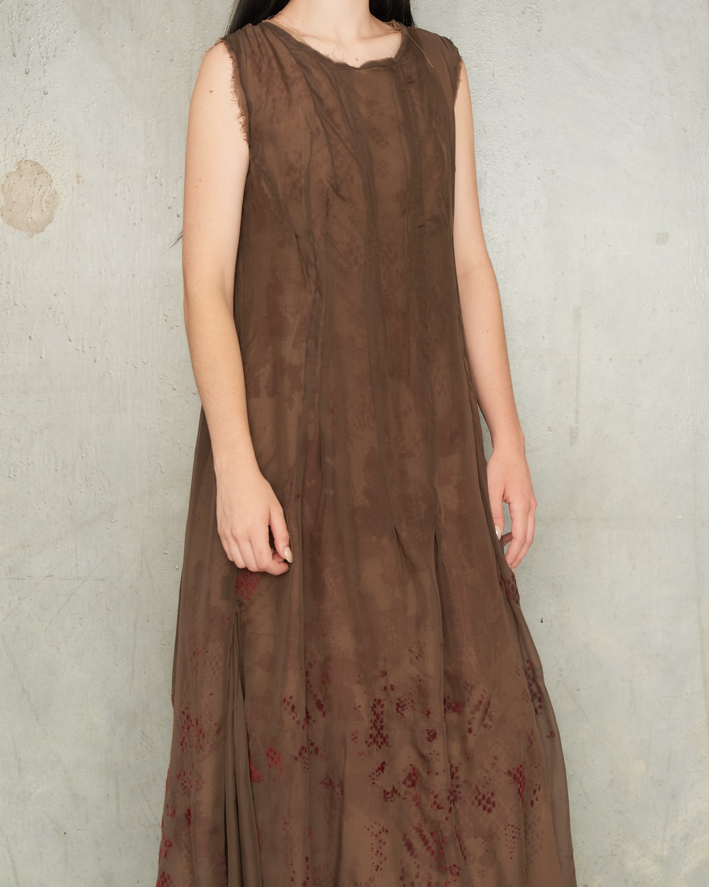 Brown Silk Lace Print Darted Dress