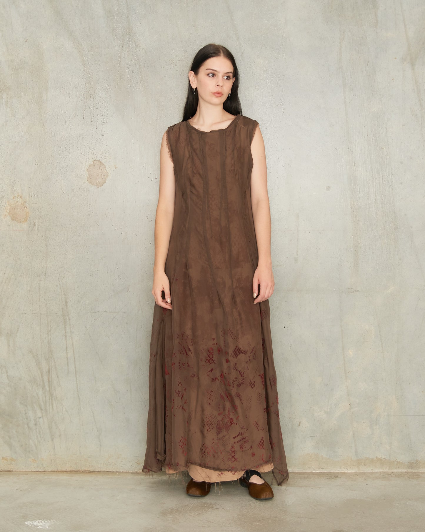 Brown Silk Lace Print Darted Dress