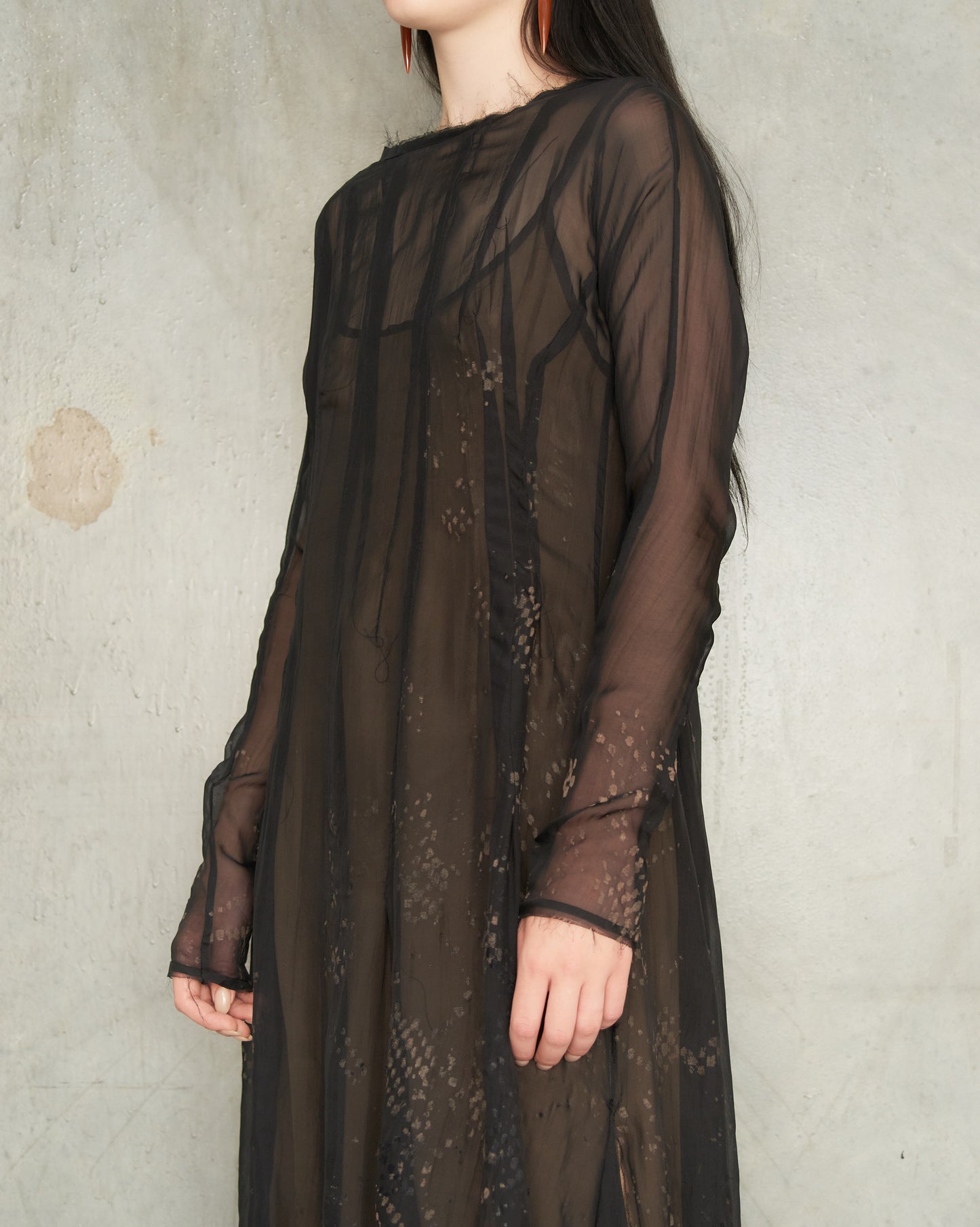 Noir Lace Print Long Sleeve Darted Dress