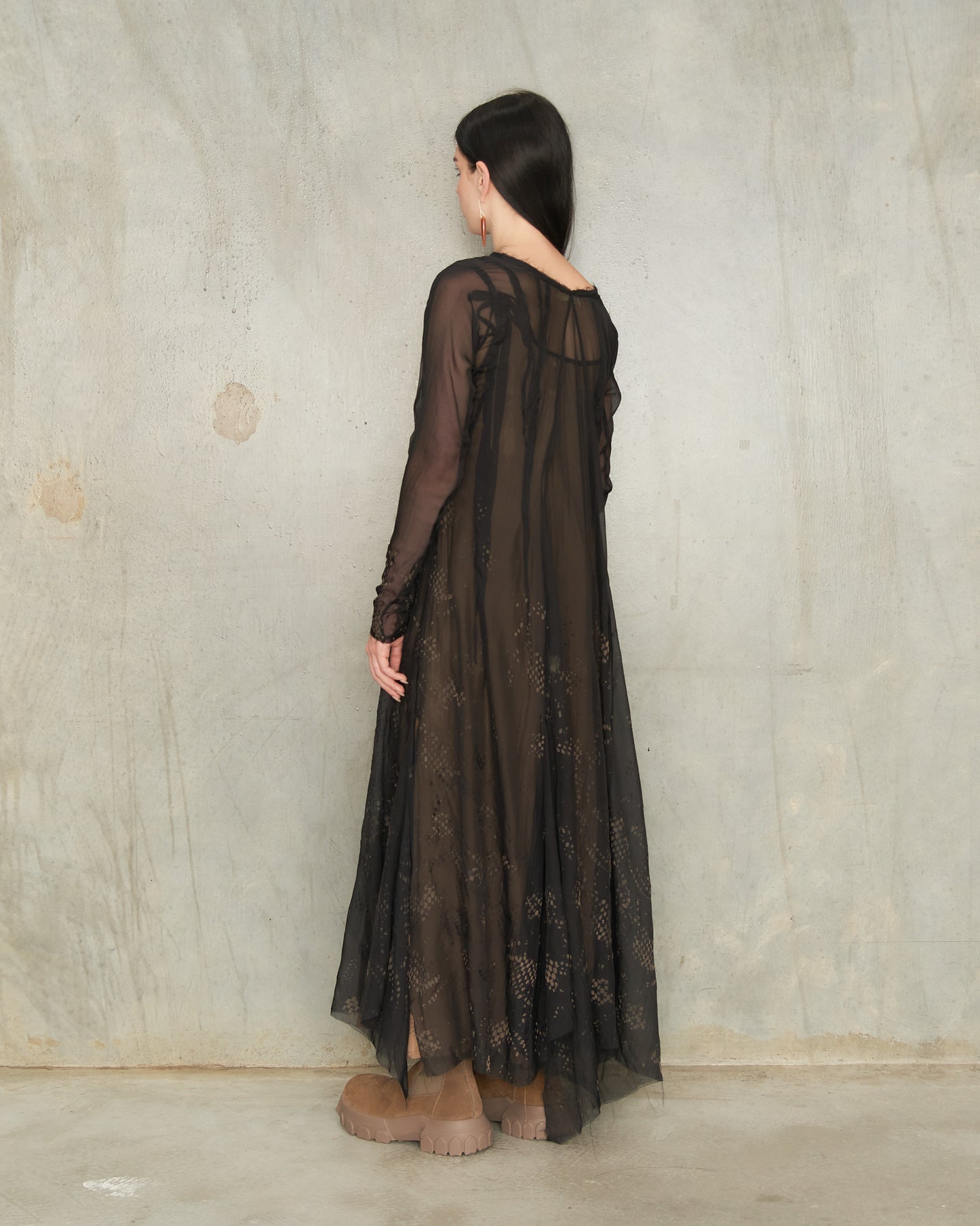 Noir Lace Print Long Sleeve Darted Dress