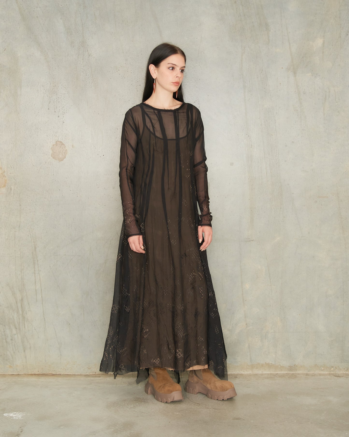 Noir Lace Print Long Sleeve Darted Dress