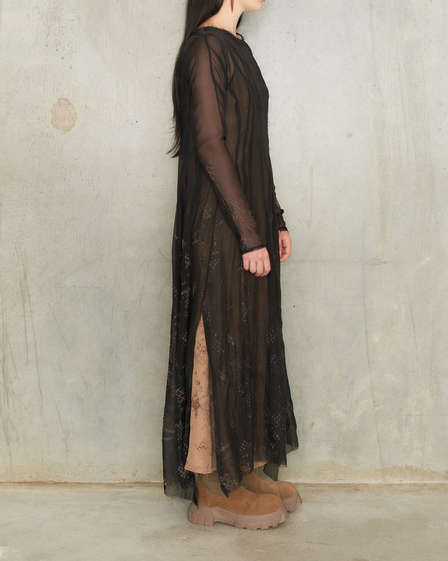 Noir Lace Print Long Sleeve Darted Dress