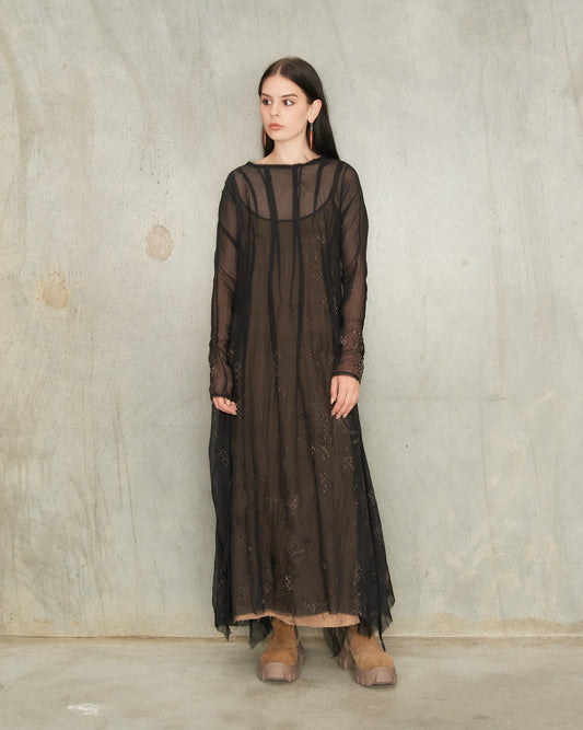 Noir Lace Print Long Sleeve Darted Dress