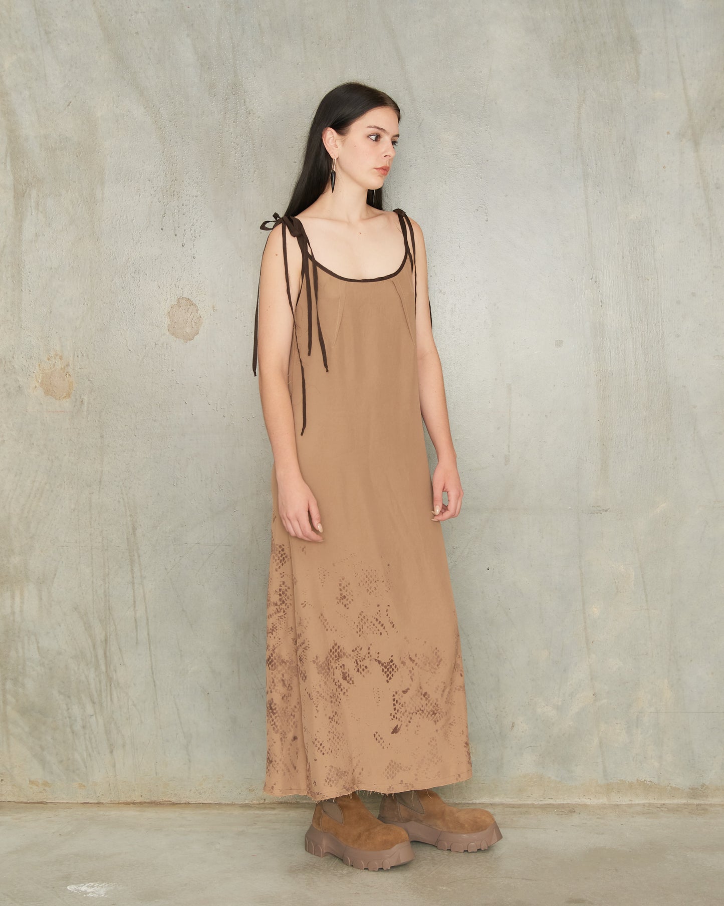 Tan Inverse Lace Print Slip Dress