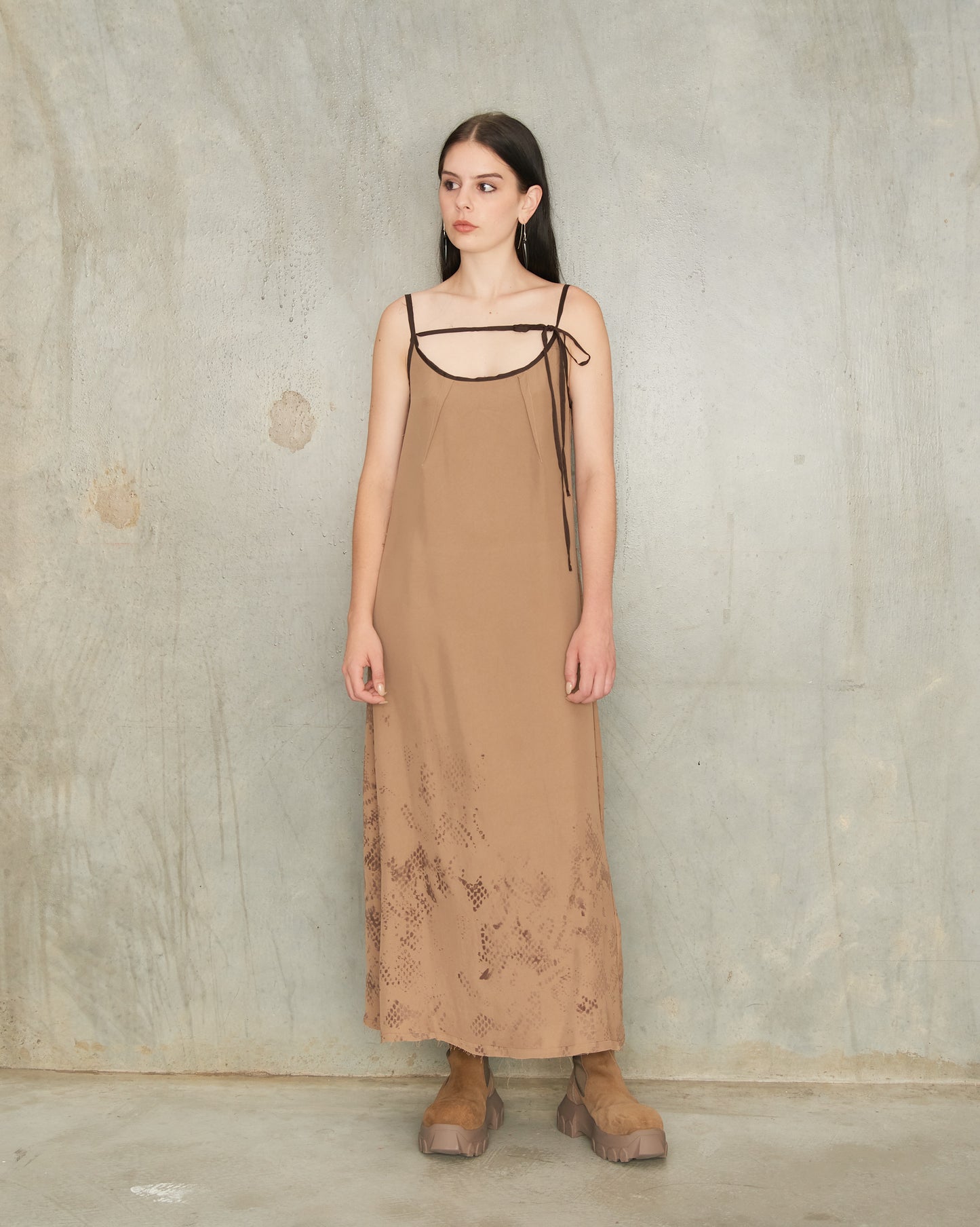 Tan Inverse Lace Print Slip Dress