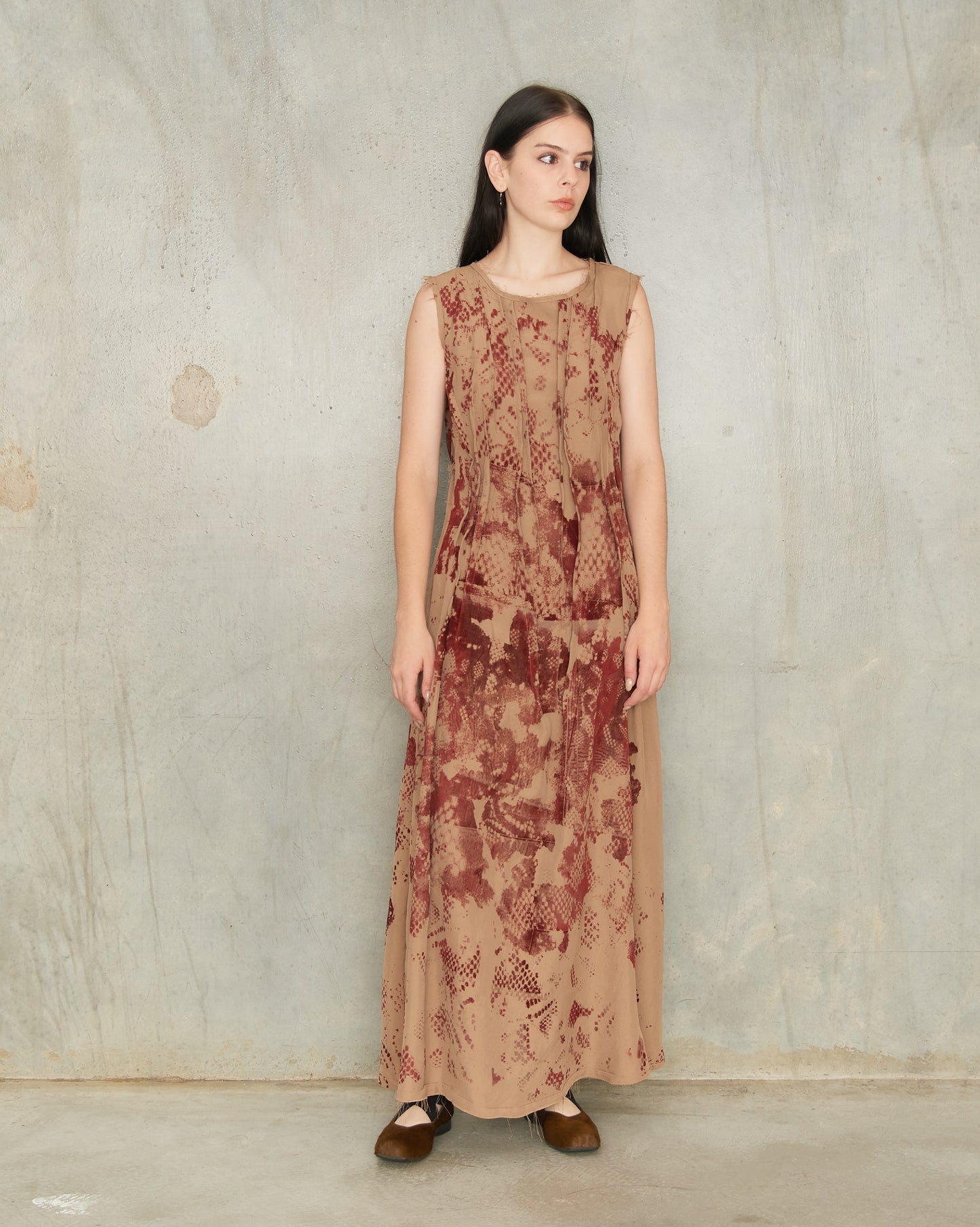 Tan Lace Print Darted Dress