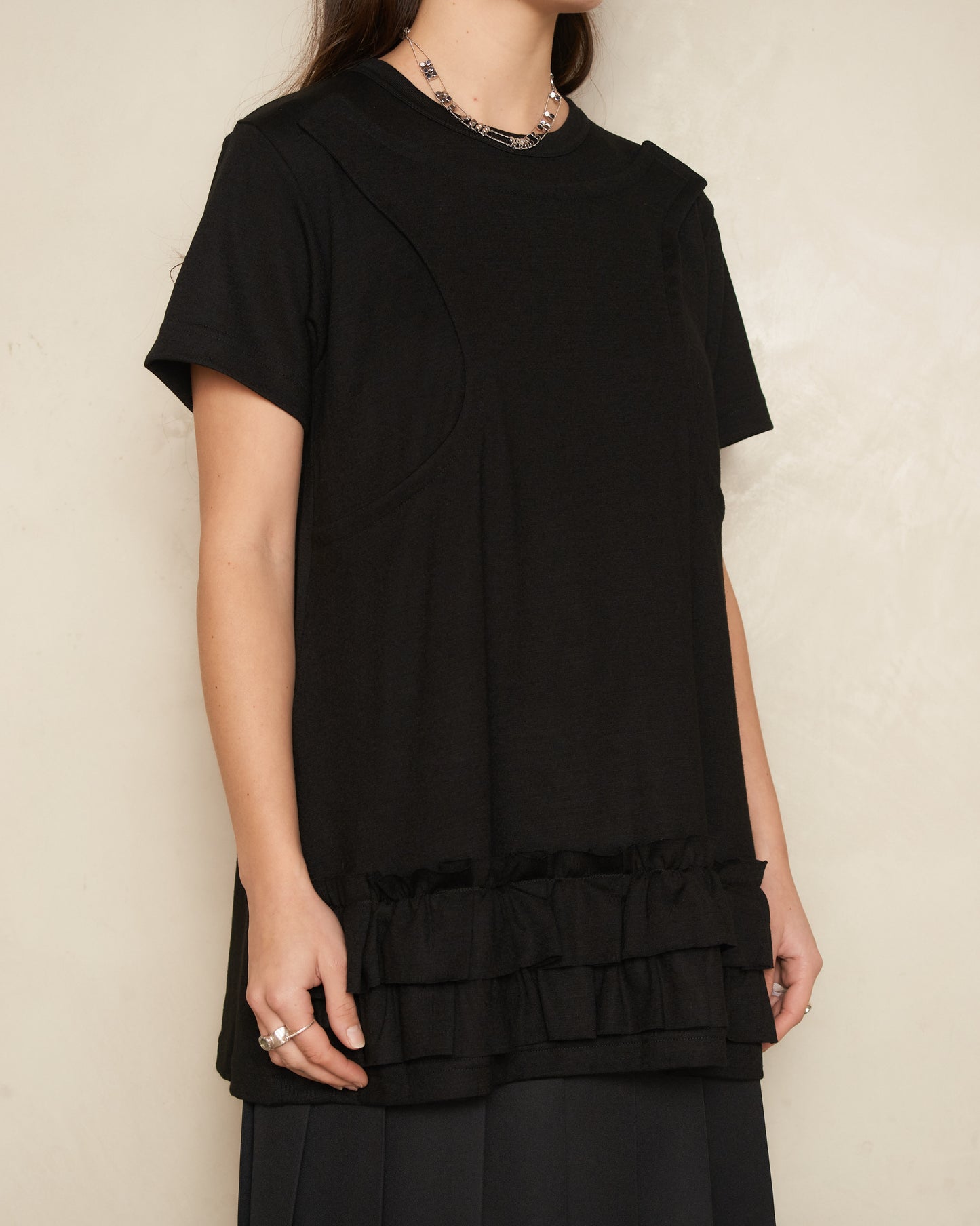 Black Panelled Ruffle Hem T-Shirt