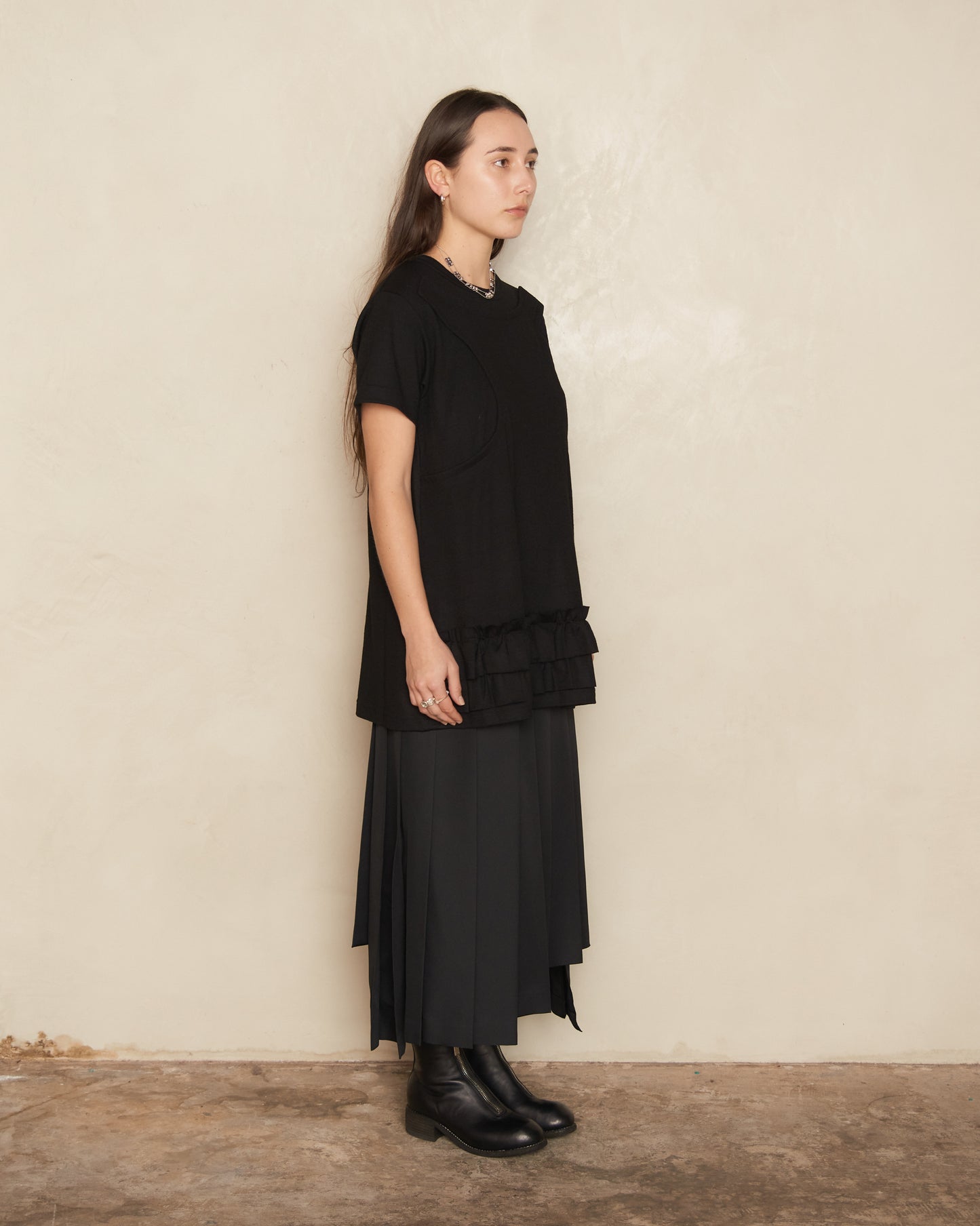 Black Panelled Ruffle Hem T-Shirt