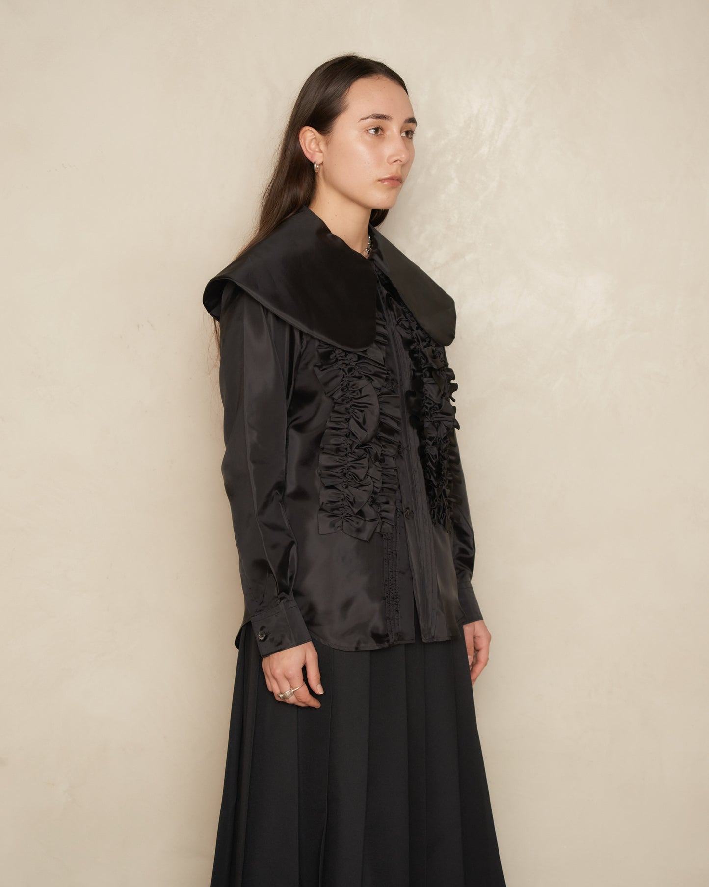 Black Satin Pan Collar Ruffled Blouse