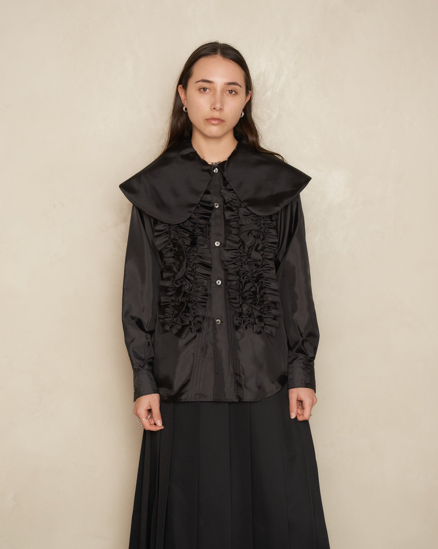 Black Satin Pan Collar Ruffled Blouse