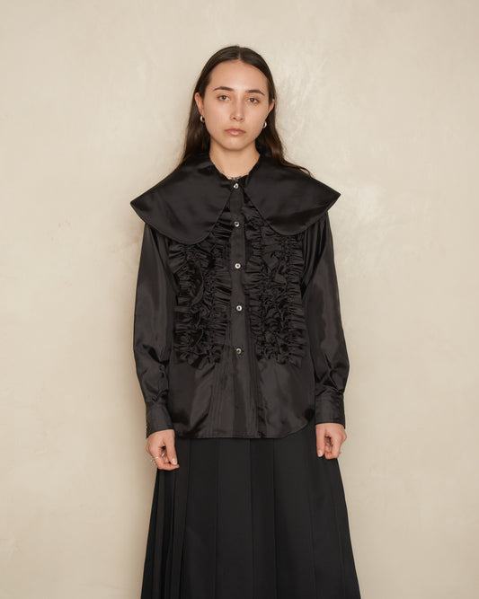 Black Satin Pan Collar Ruffled Blouse