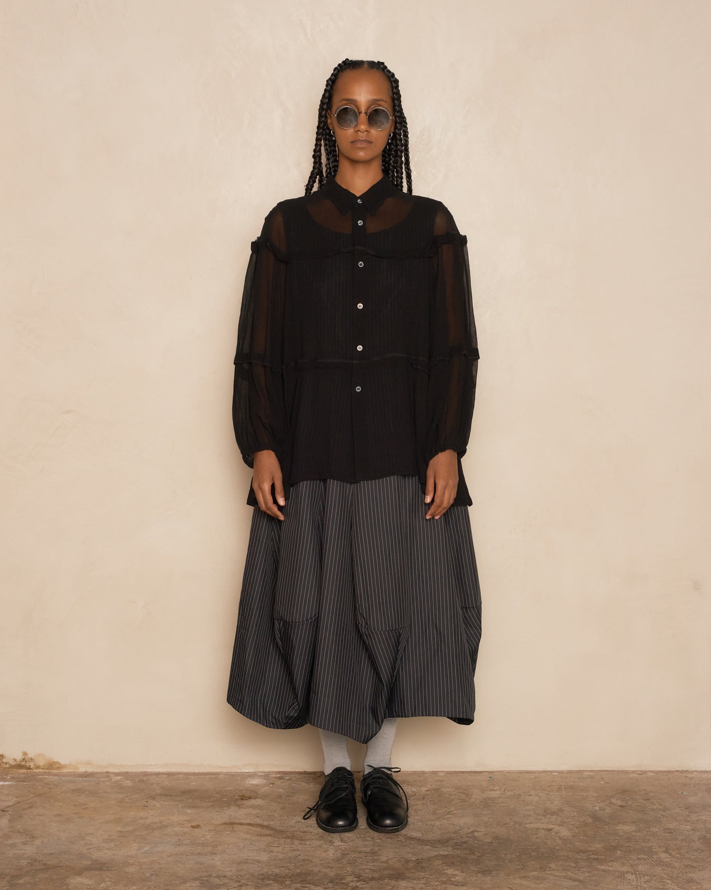 Black Sheer Long Sleeve Tiered Shirt