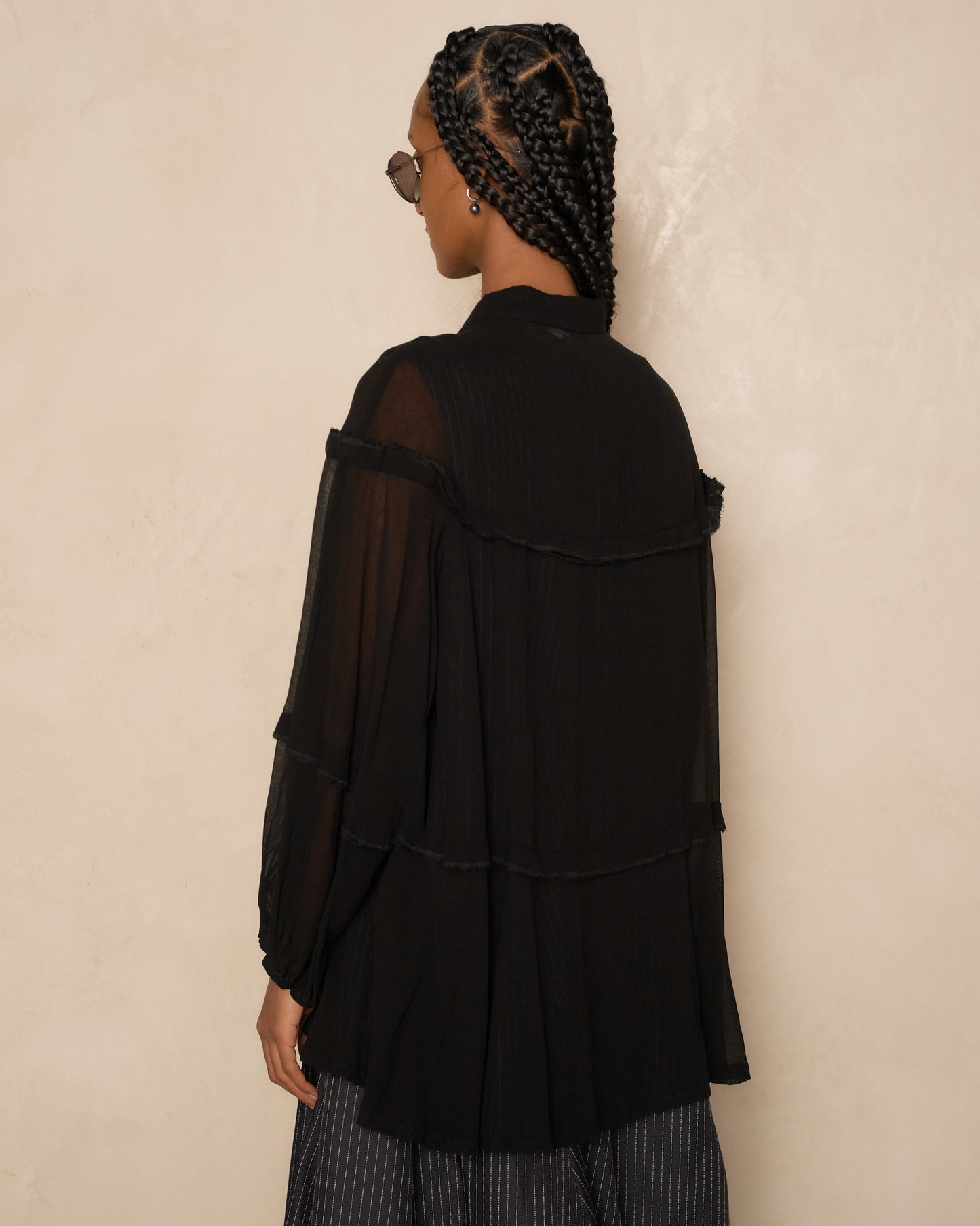 Black Sheer Long Sleeve Tiered Shirt