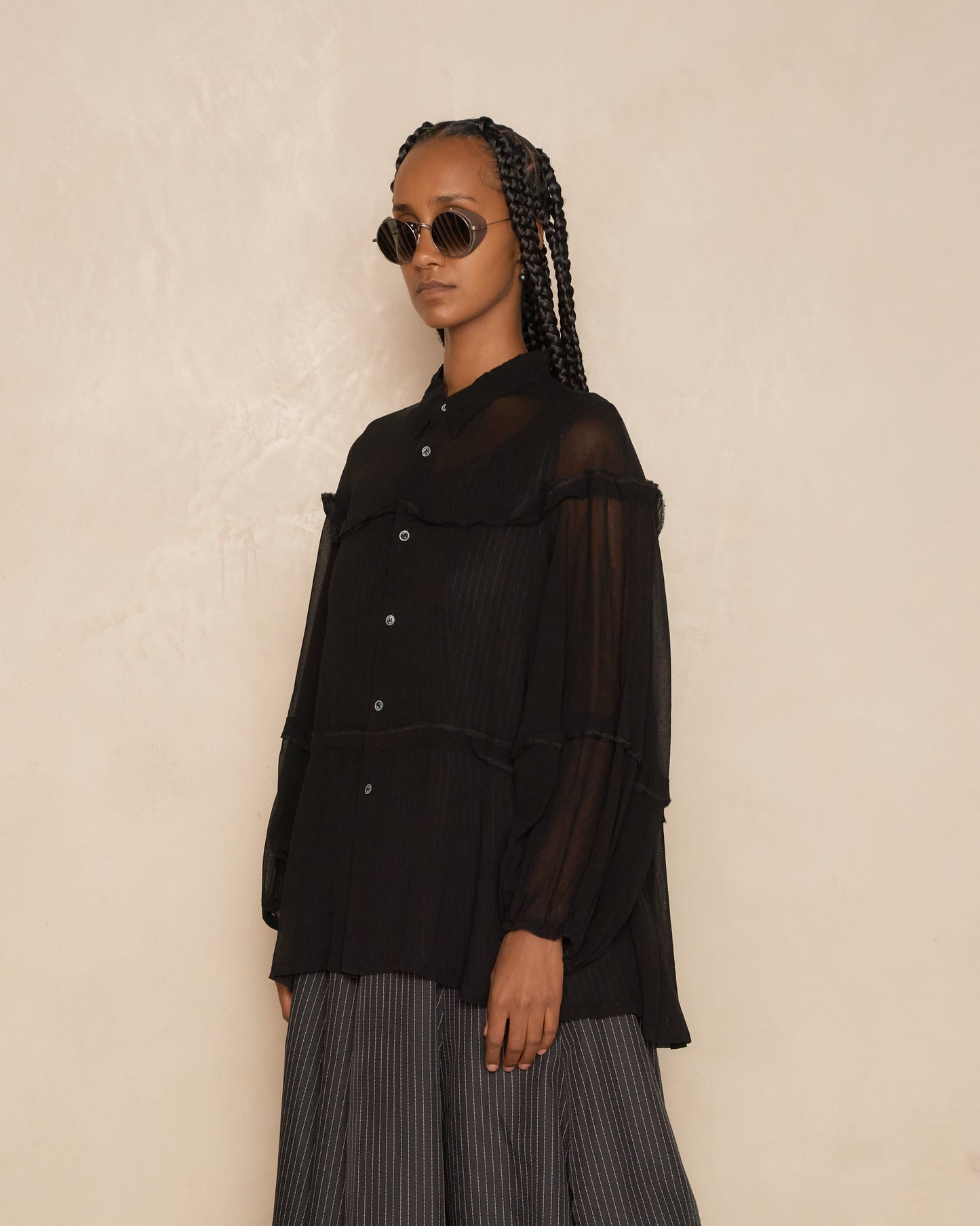 Black Sheer Long Sleeve Tiered Shirt