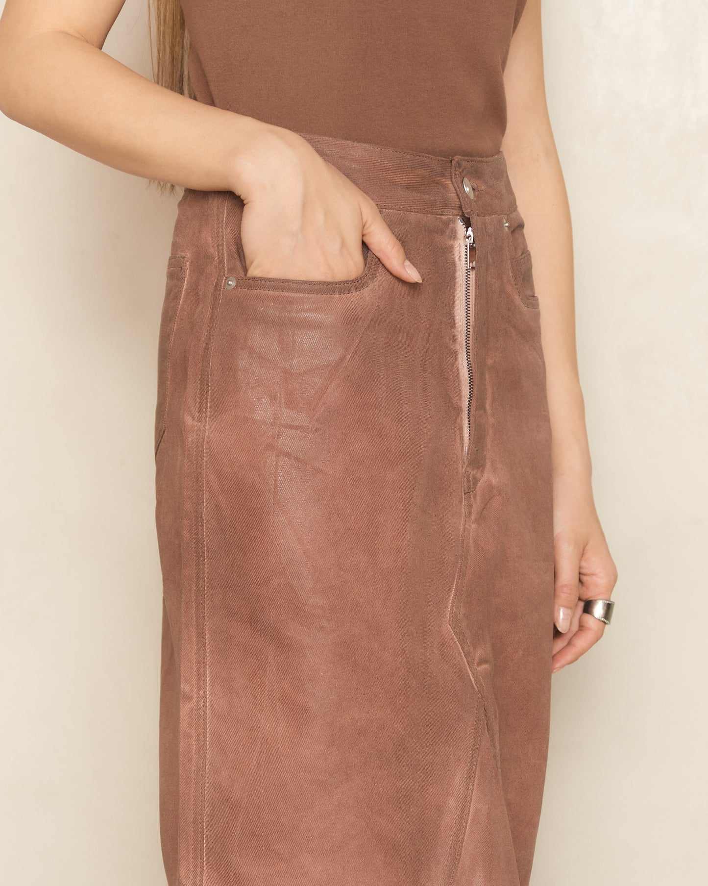 Terracotta Godet Denim Skirt